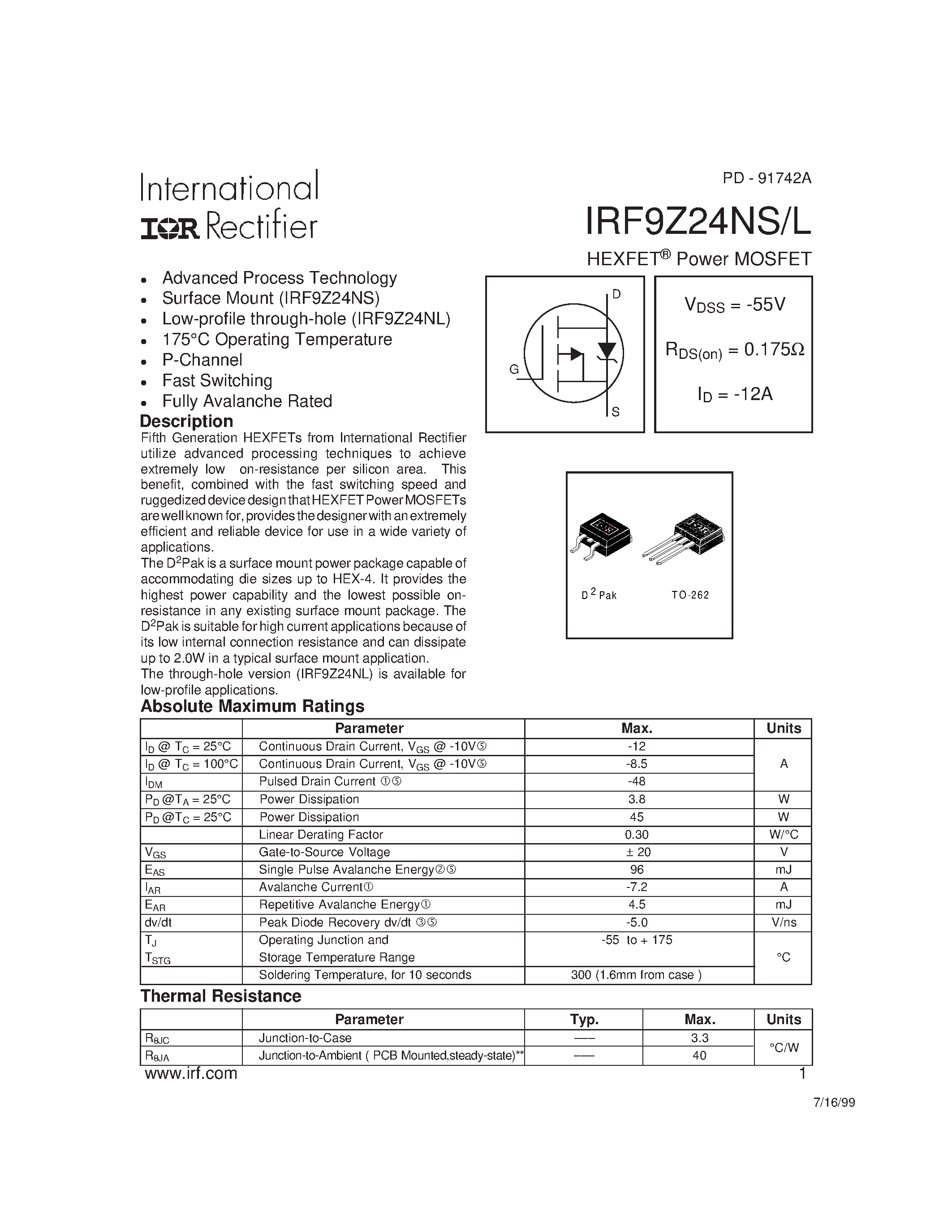 Datasheet IRF9Z24NS - Power MOSFET(Vdss=-55V/ Rds(on)=0.175ohm/ Id=-12A) page 1