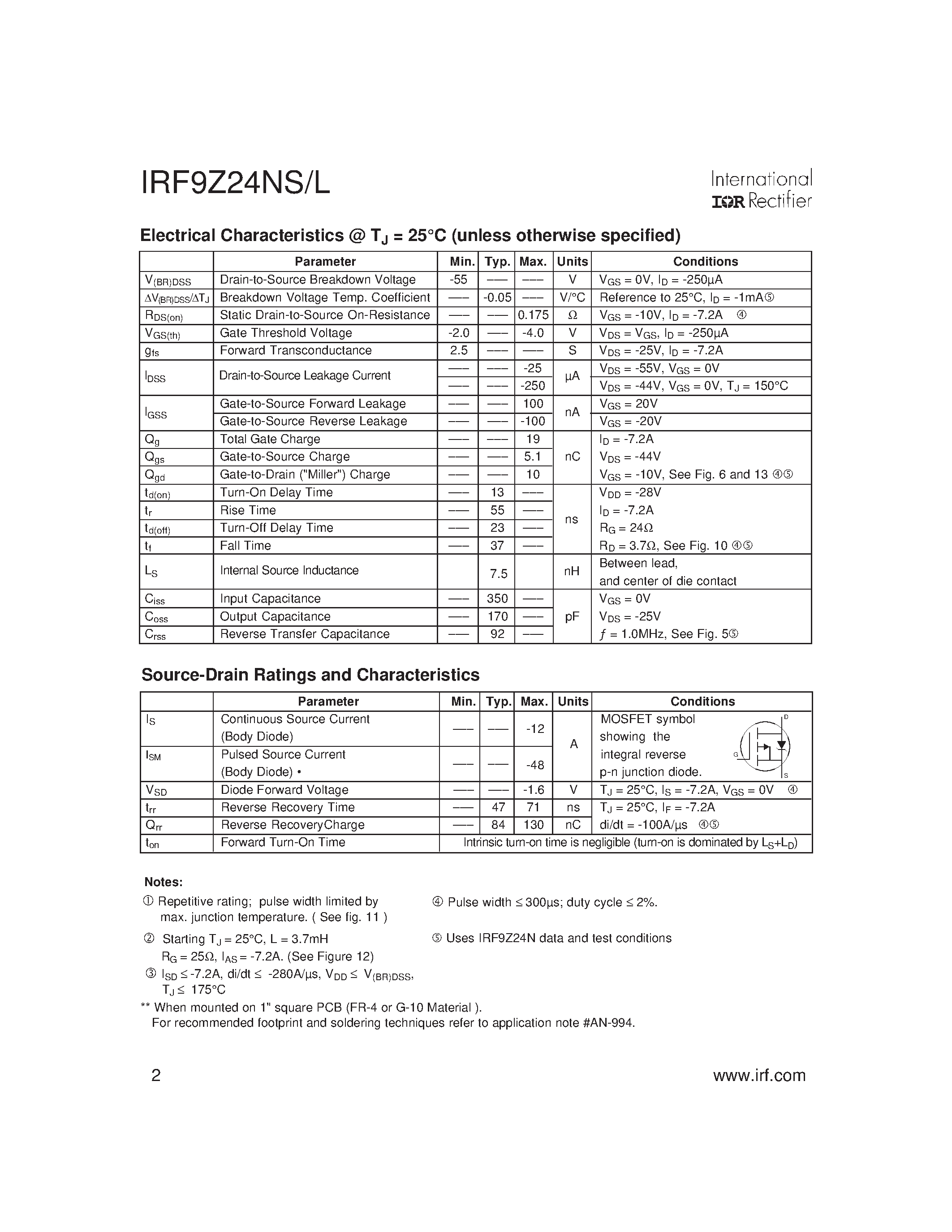 Datasheet IRF9Z24NS - Power MOSFET(Vdss=-55V/ Rds(on)=0.175ohm/ Id=-12A) page 2