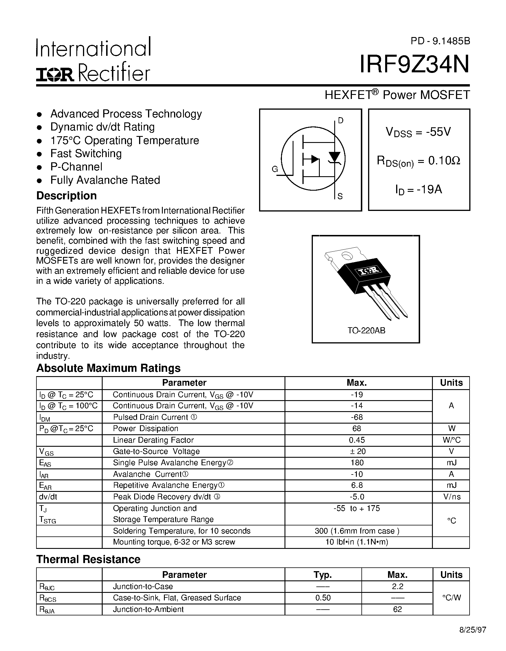 Datasheet IRF9Z34N - Power MOSFET(Vdss=-55V/ Rds(on)=0.10ohm/ Id=-19A) page 1