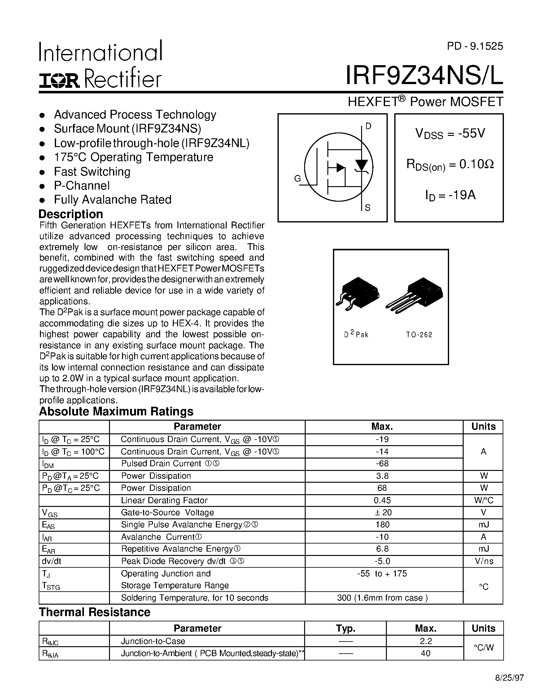 Datasheet IRF9Z34NL - Power MOSFET(Vdss=-55V/ Rds(on)=0.10ohm/ Id=-19A) page 1