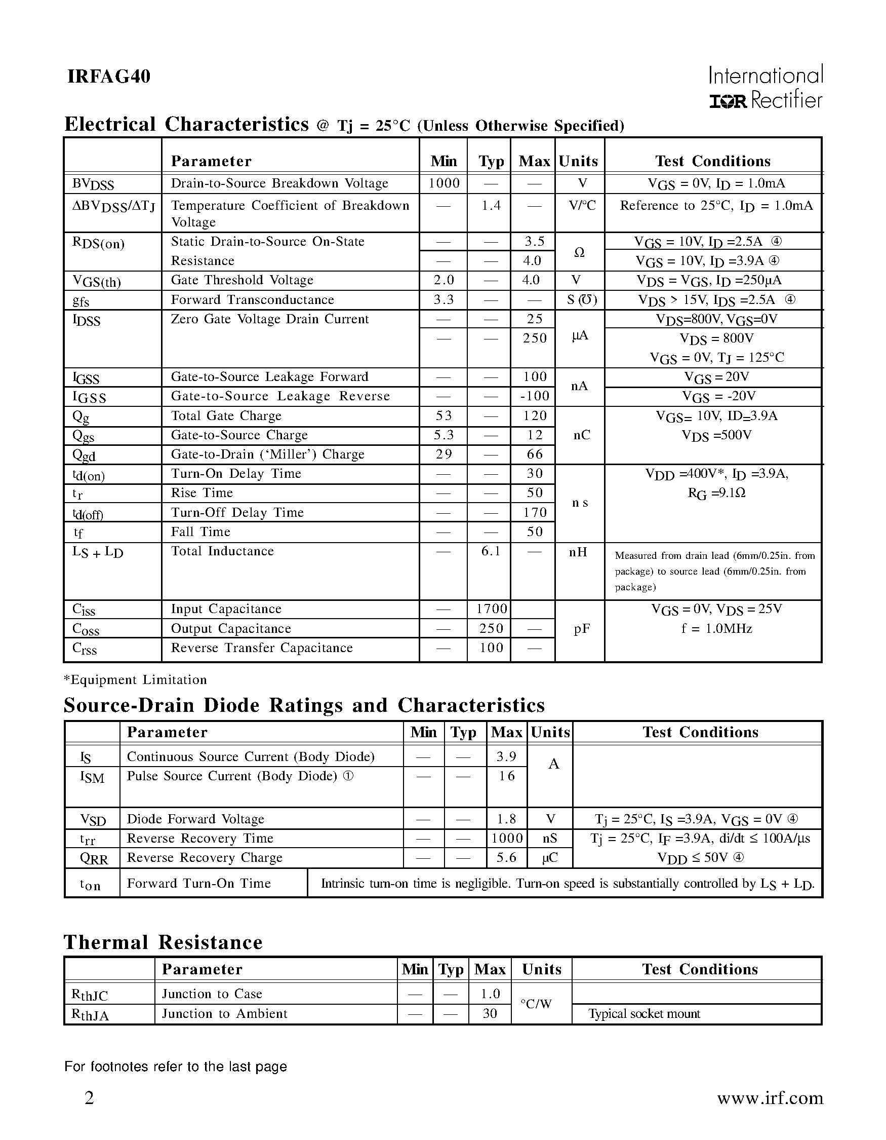 Datasheet IRFAG40 - REPETITIVE AVALANCHE AND dv/dt RATED HEXFETTRANSISTORS THRU-HOLE (TO-204AA/AE) page 2