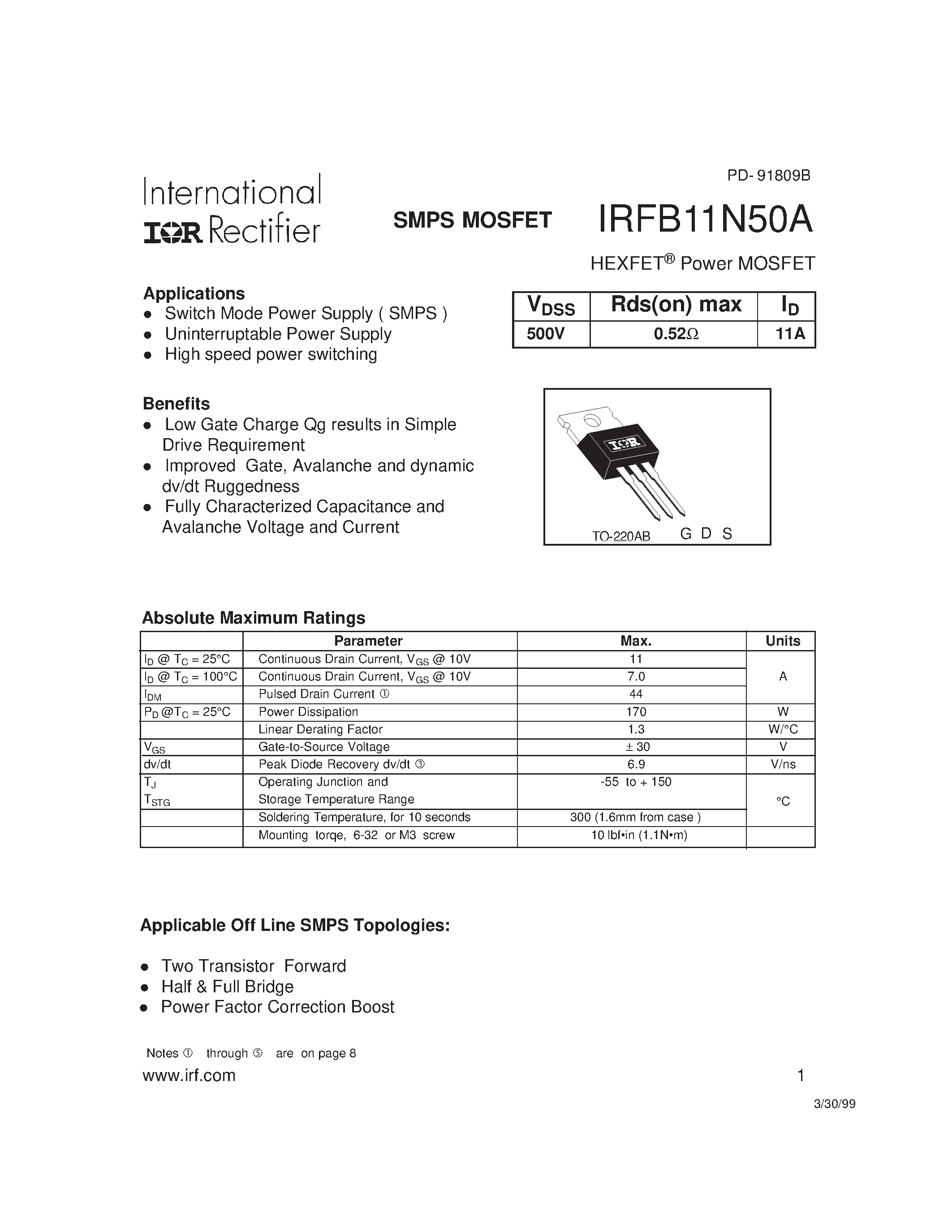 Datasheet IRFB11N50 - Power MOSFET(Vdss=500V/ Rds(on)max=0.52ohm/ Id=11A) page 1