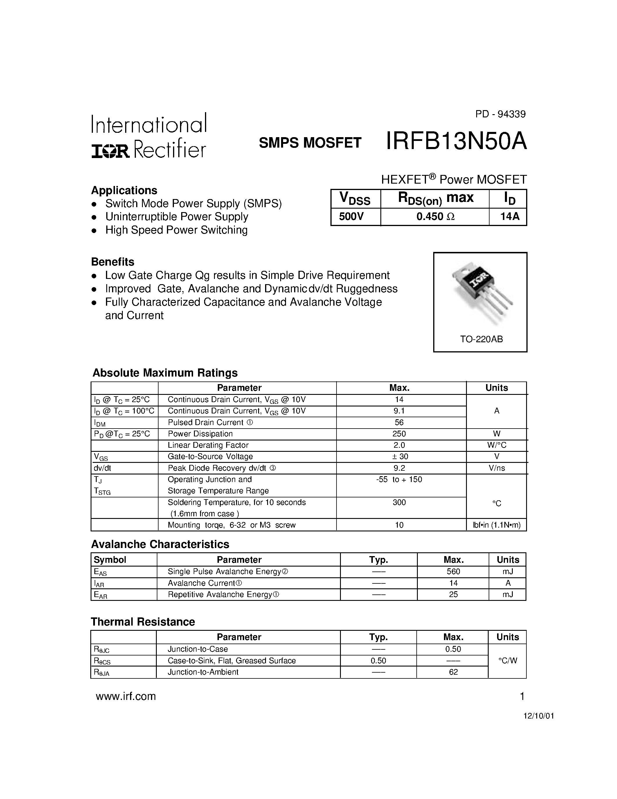 Datasheet IRFB13N50A - Power MOSFET(Vdss=500V/ Rds(on)max=0.450ohm/ Id=14A) page 1