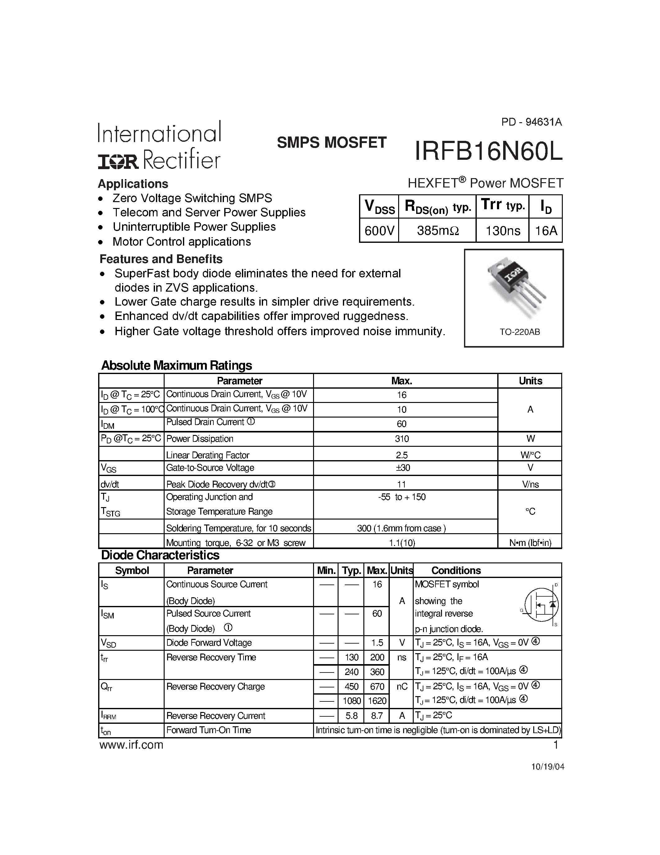 Datasheet IRFB16N60L - SMPS MOSFET page 1