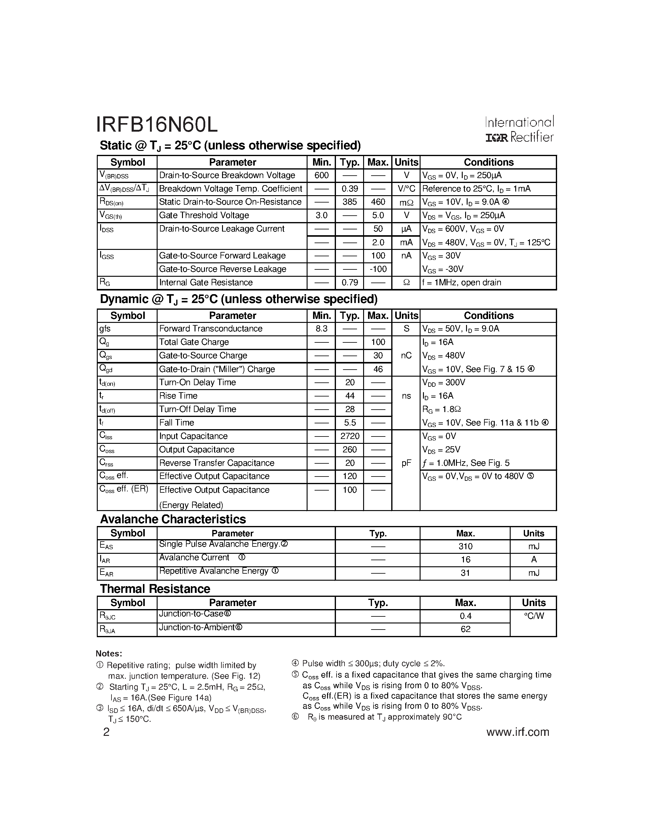 Datasheet IRFB16N60L - SMPS MOSFET page 2