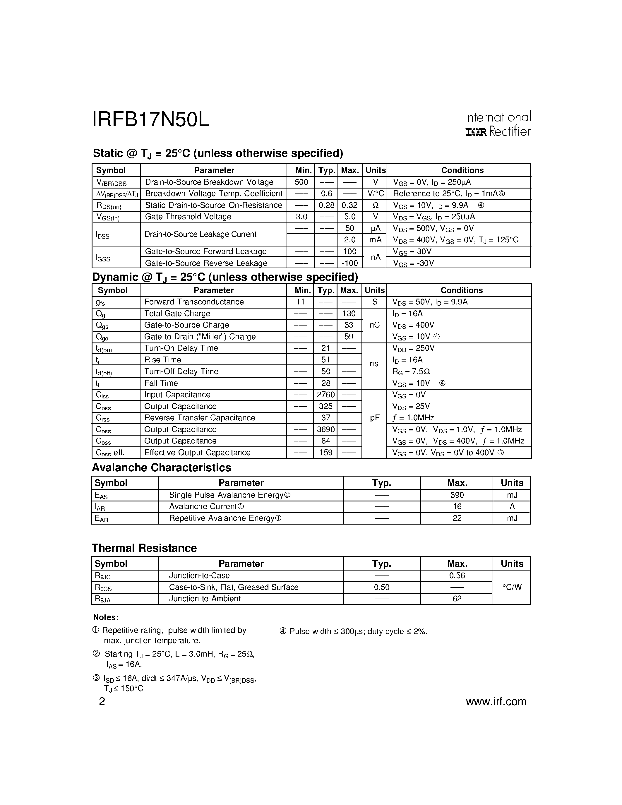 Datasheet IRFB17N50L - Power MOSFET(Vdss=500V/ Rds(on)typ.=0.28ohm/ Id=16A) page 2
