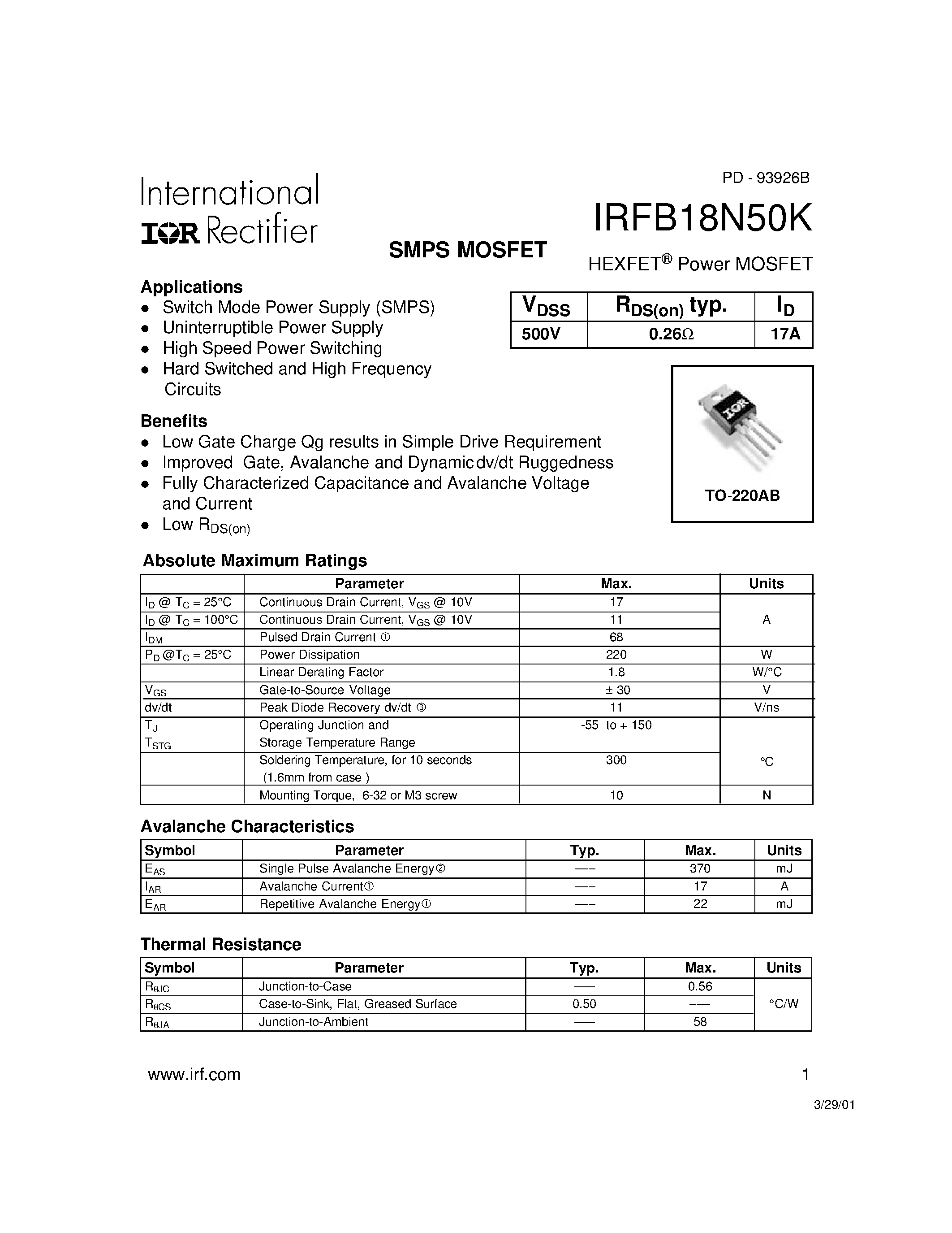 Datasheet IRFB18N50K - Power MOSFET(Vdss=500V/ Rds(on)max=0.26ohm/ Id=27A) page 1