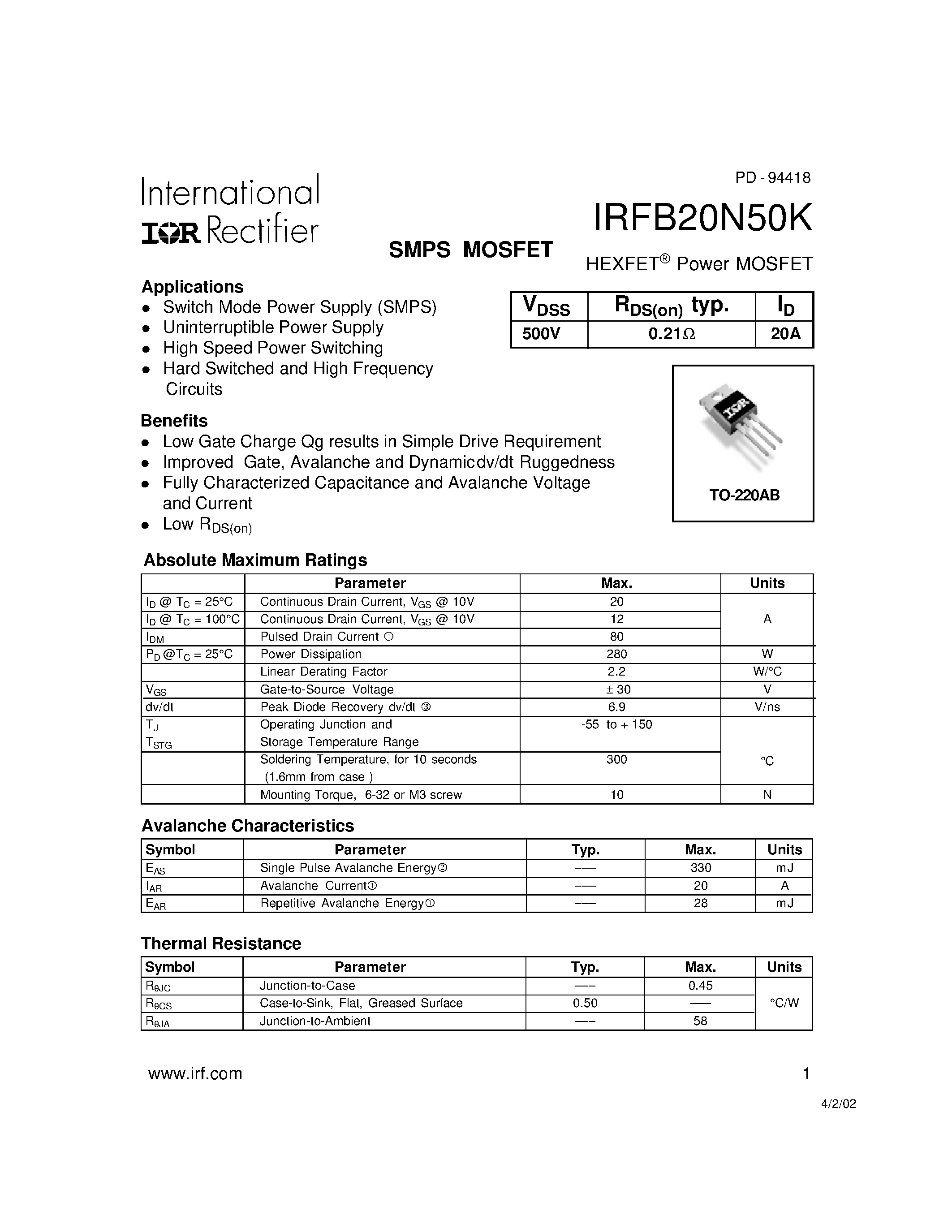 Datasheet IRFB20N50K - SMPS MOSFET page 1