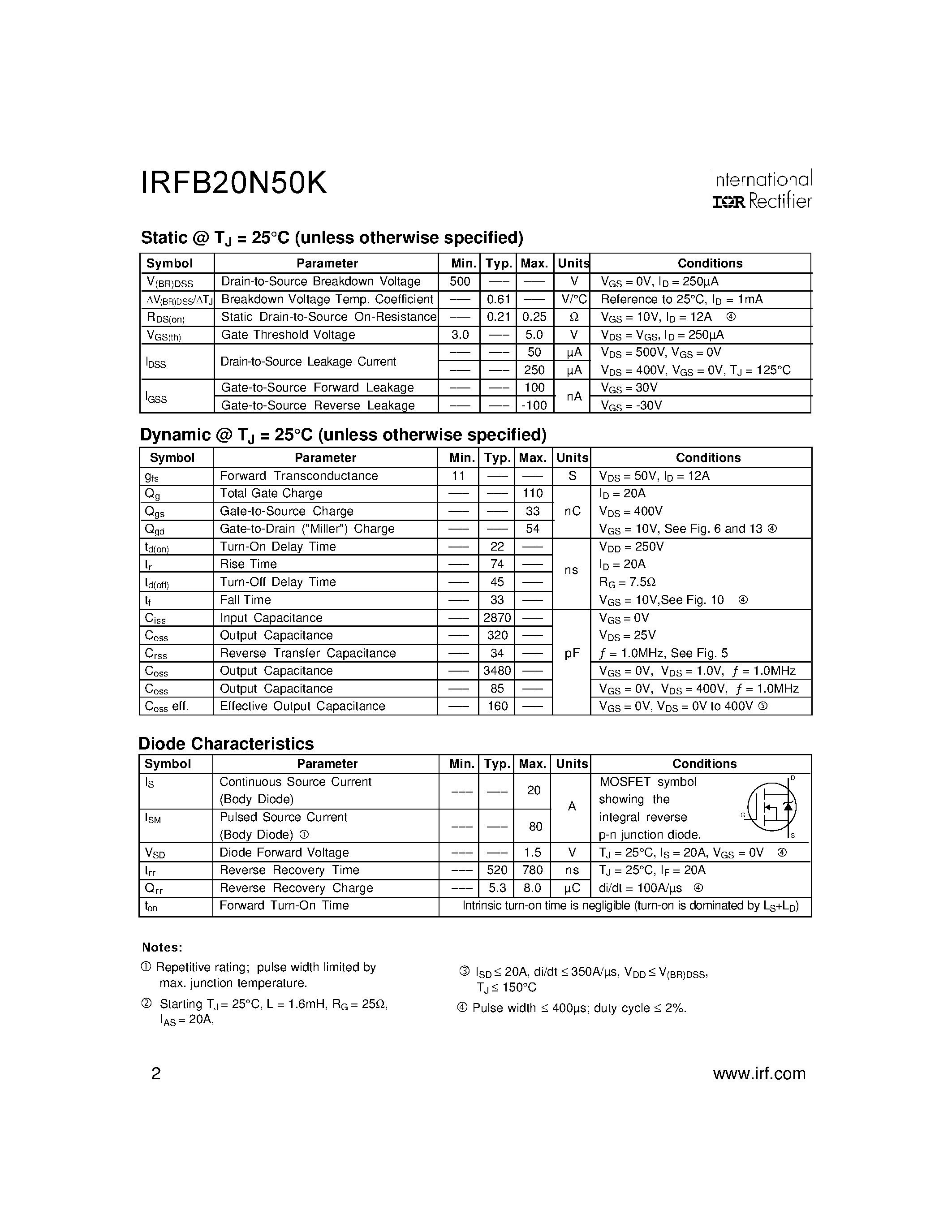 Datasheet IRFB20N50K - SMPS MOSFET page 2