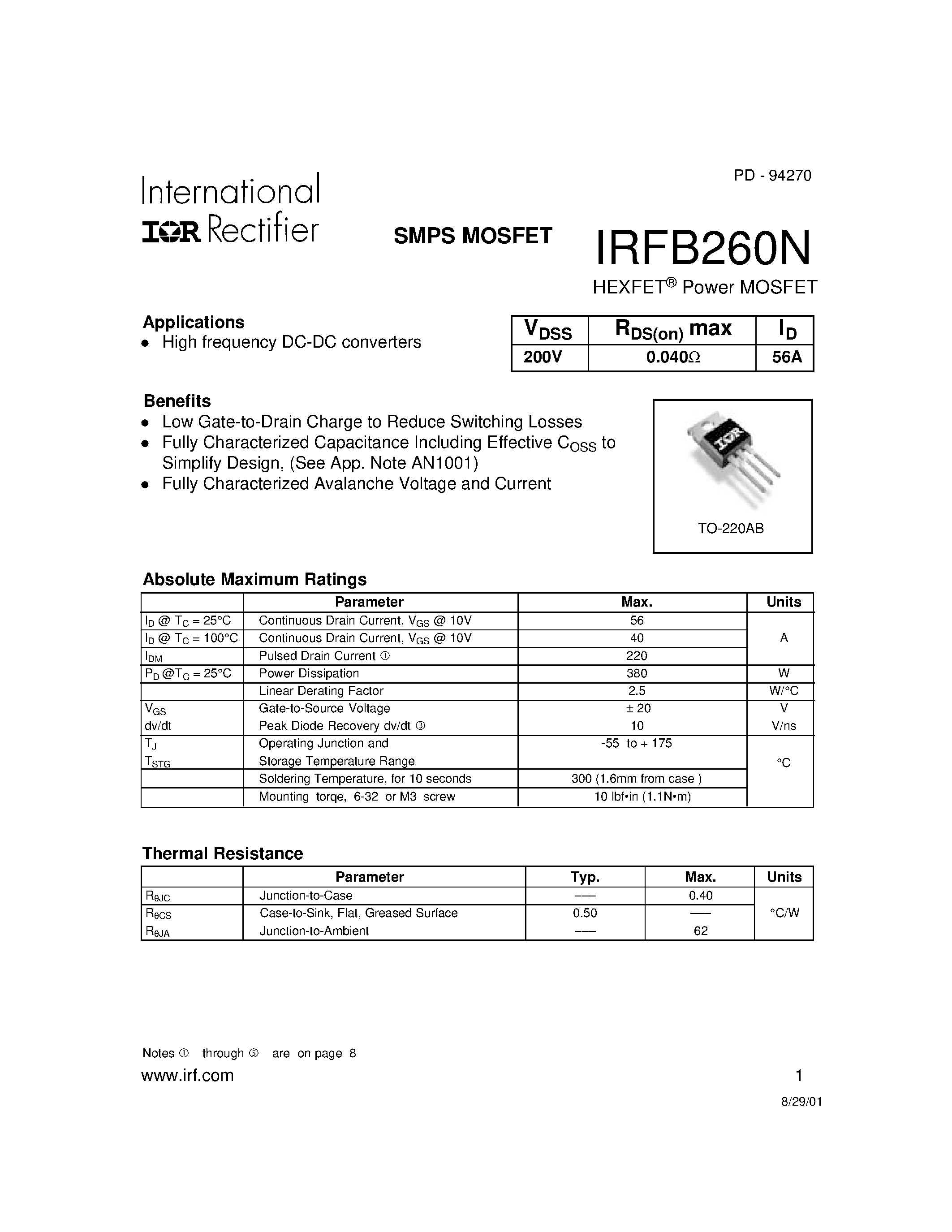 Datasheet IRFB260N - Power MOSFET(Vdss=200V/ Rds(on)max=0.040ohm/ Id=56A) page 1