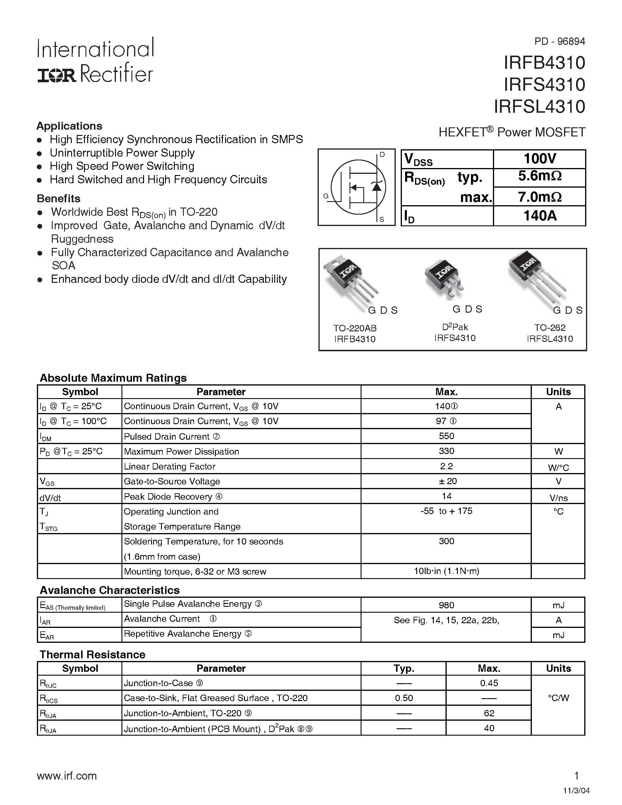 Datasheet IRFB4310 page 1 Datasheet IRFB4310 - HEXFET Power MOSFET page 1