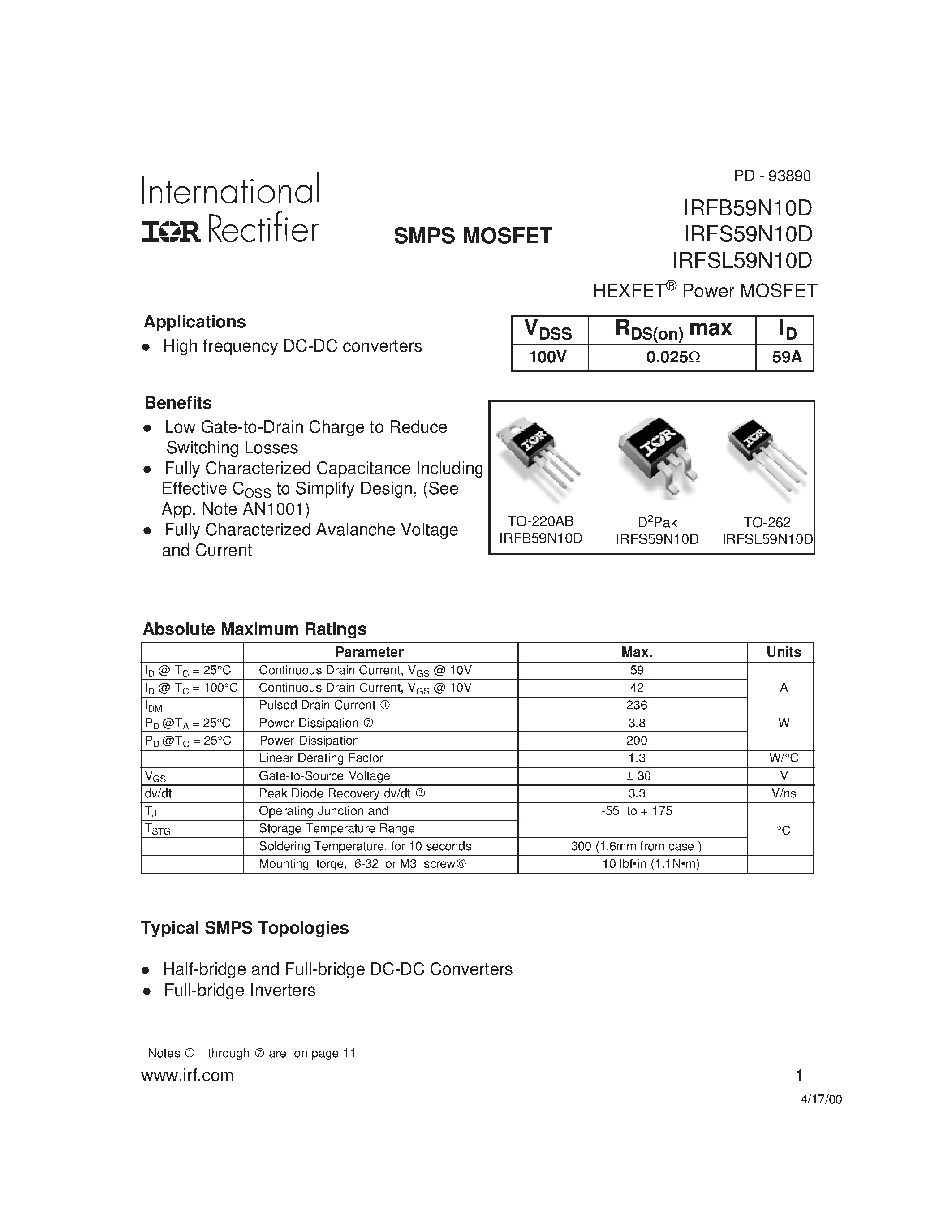 Datasheet IRFB59N10 - Power MOSFET(Vdss=100V/ Rds(on)max=0.025ohm/ Id=59A) page 1
