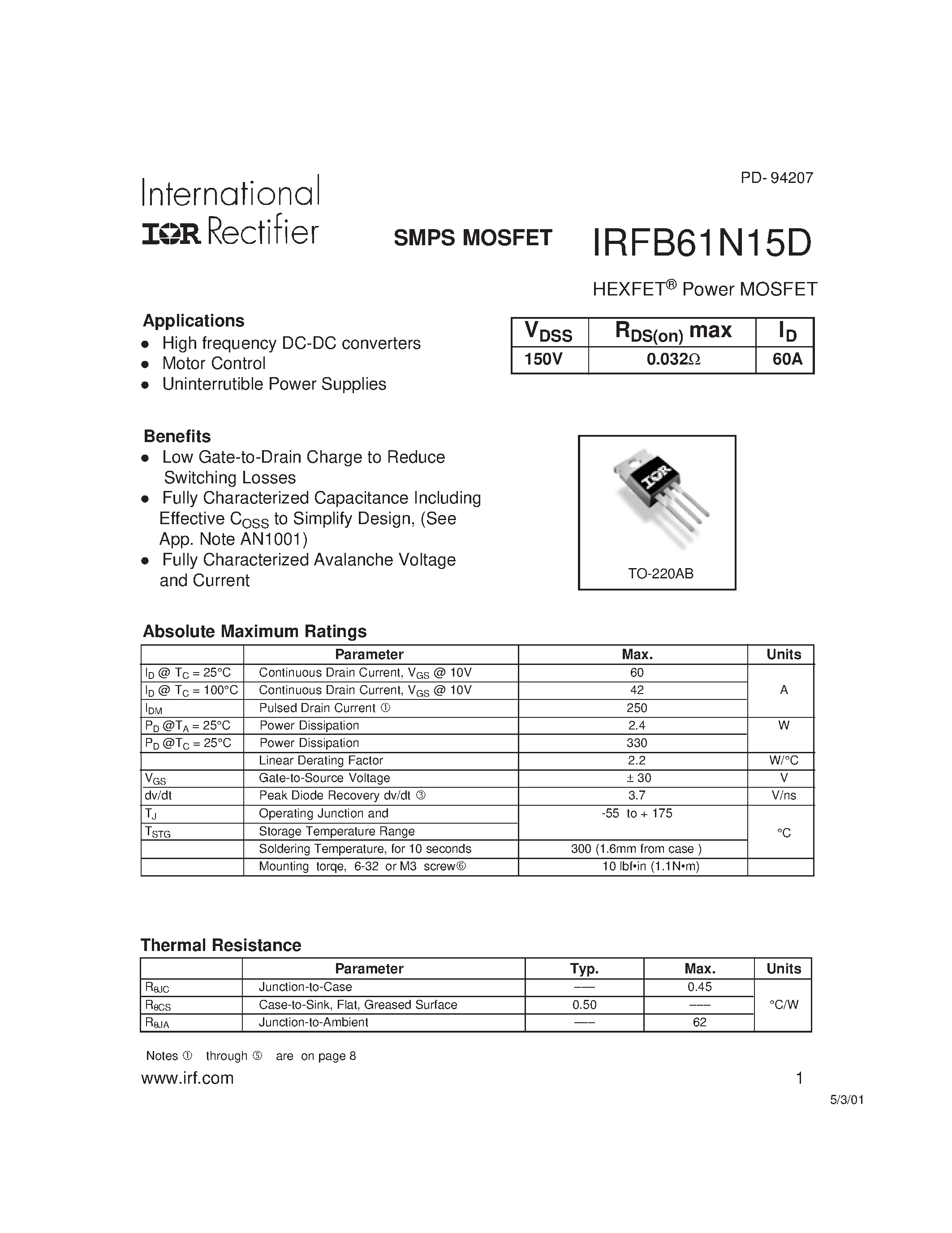 Datasheet IRFB61N15D - Power MOSFET(Vdss=150V/ Rds(on)max=0.032ohm/ Id=50A) page 1