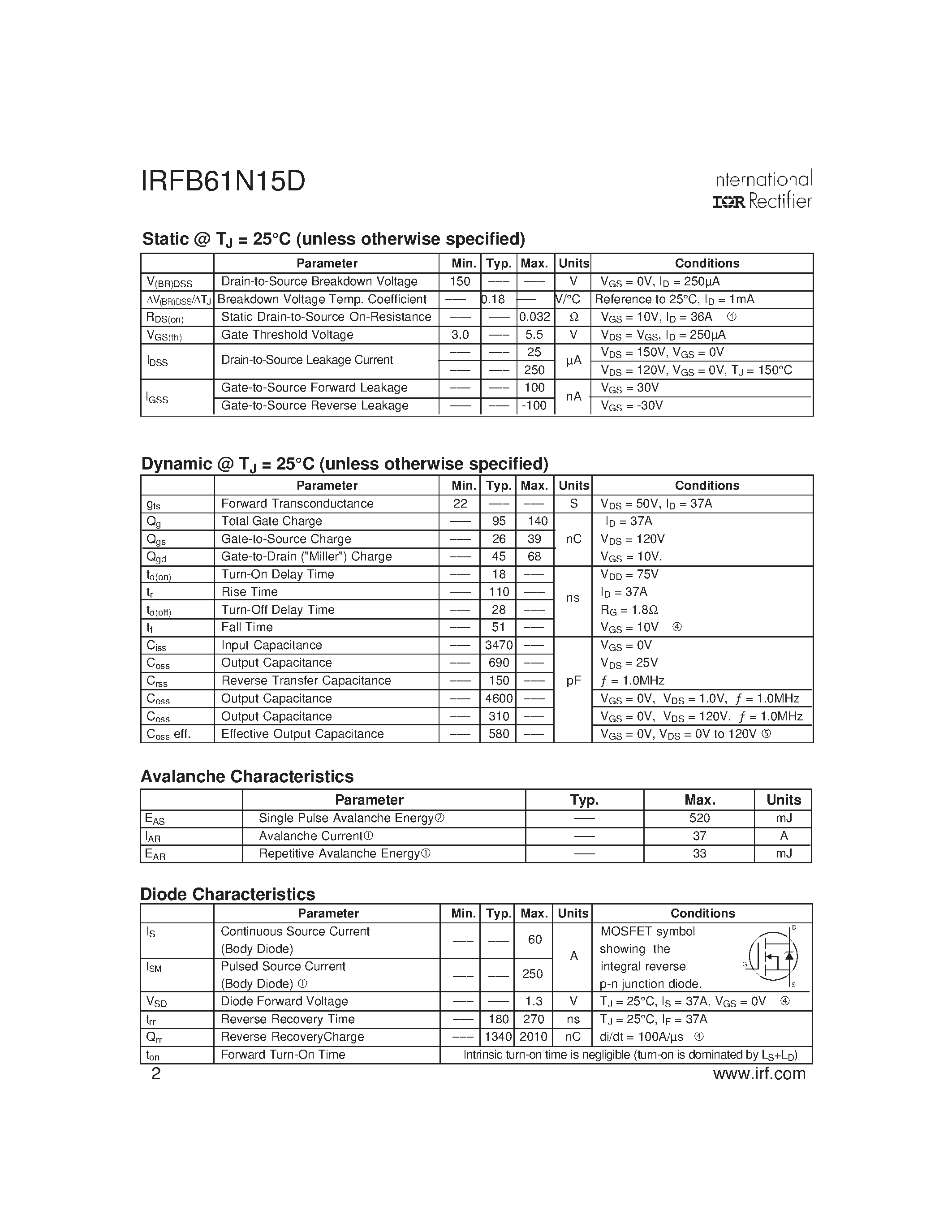 Datasheet IRFB61N15D - Power MOSFET(Vdss=150V/ Rds(on)max=0.032ohm/ Id=50A) page 2