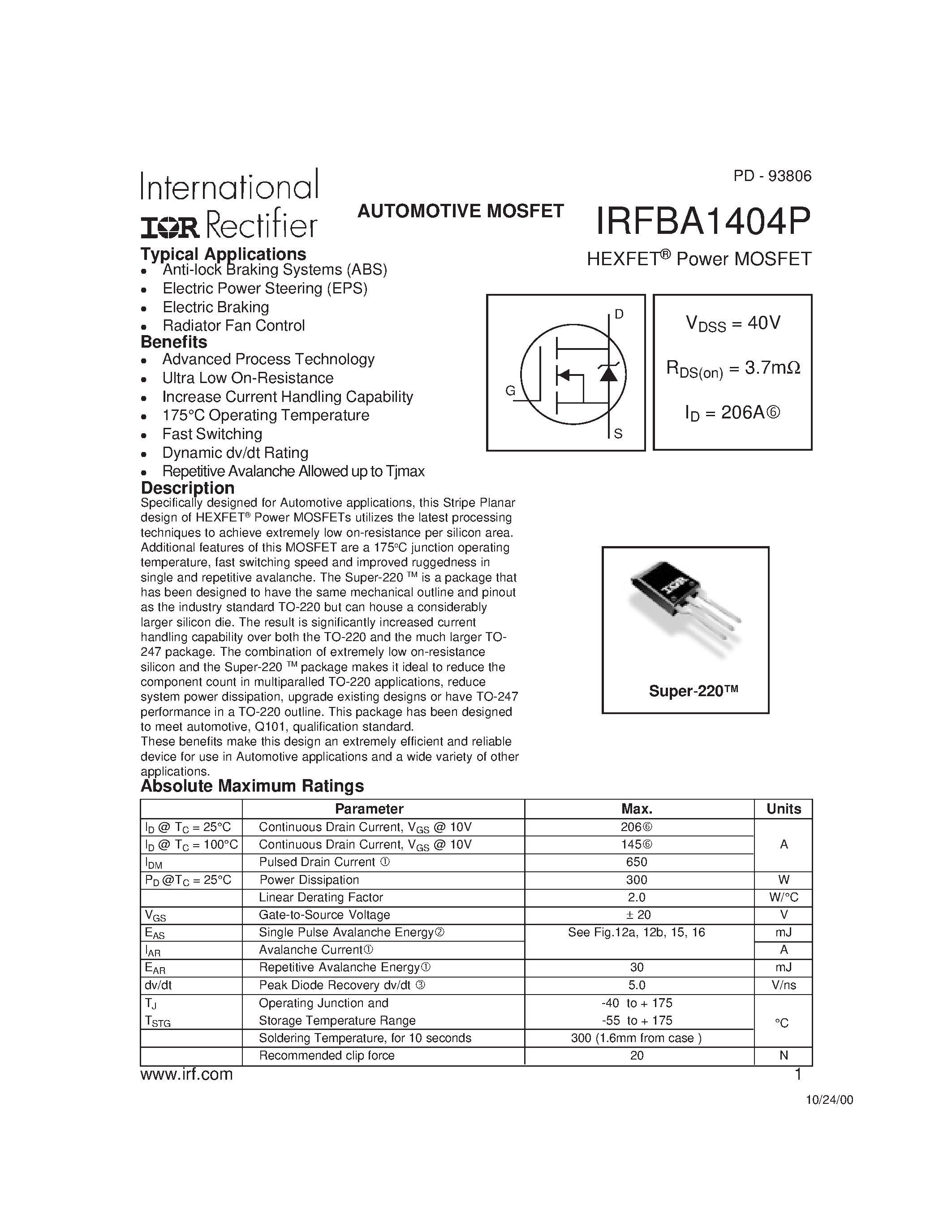 Datasheet IRFBA1404P - Power MOSFET(Vdss=40V/ Rds(on)=3.7mohm/ Id=206A) page 1