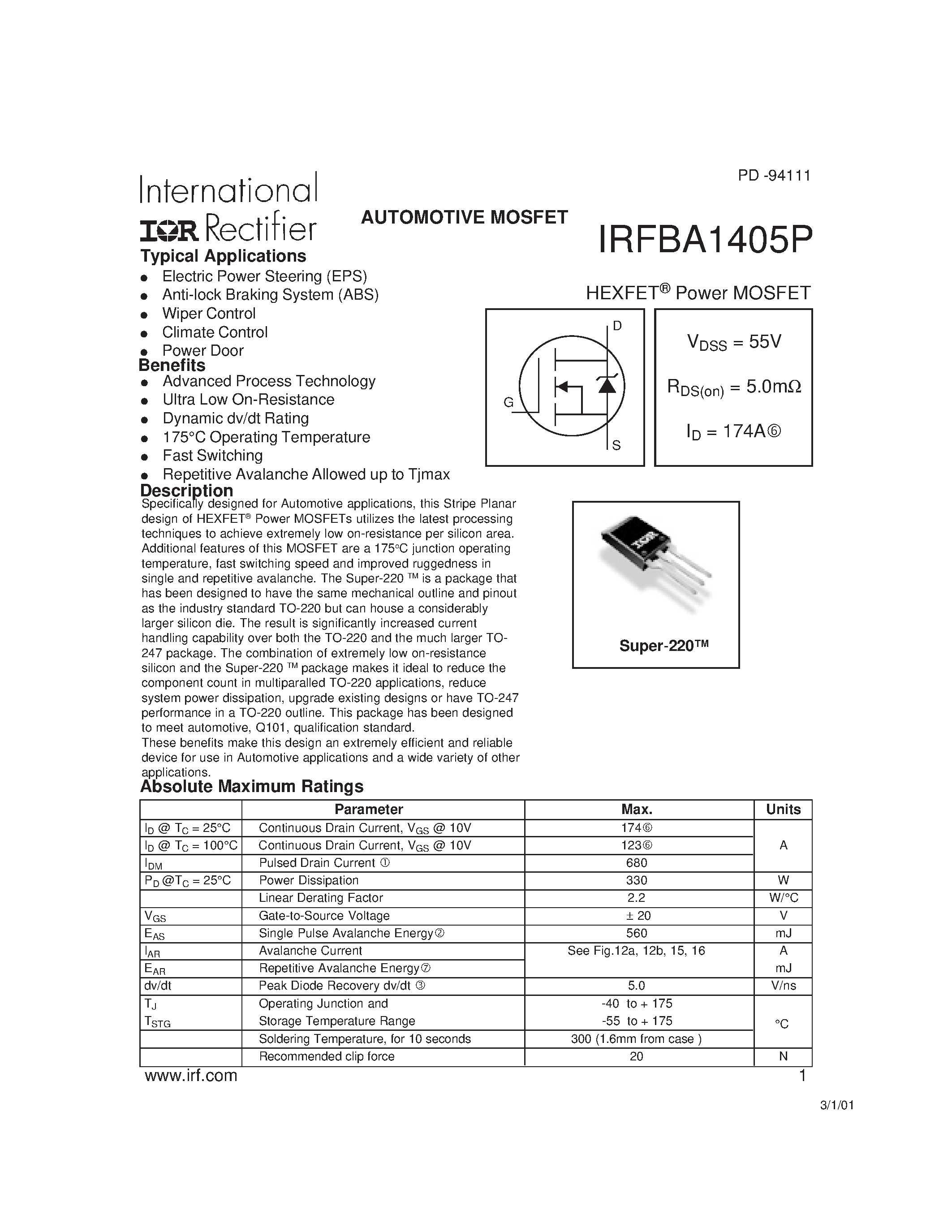 Datasheet IRFBA1405P page 1 Datasheet IRFBA1405P - Power MOSFET(Vdss=55V/ Rds(on)=5.0mohm/ Id=174A) page 1