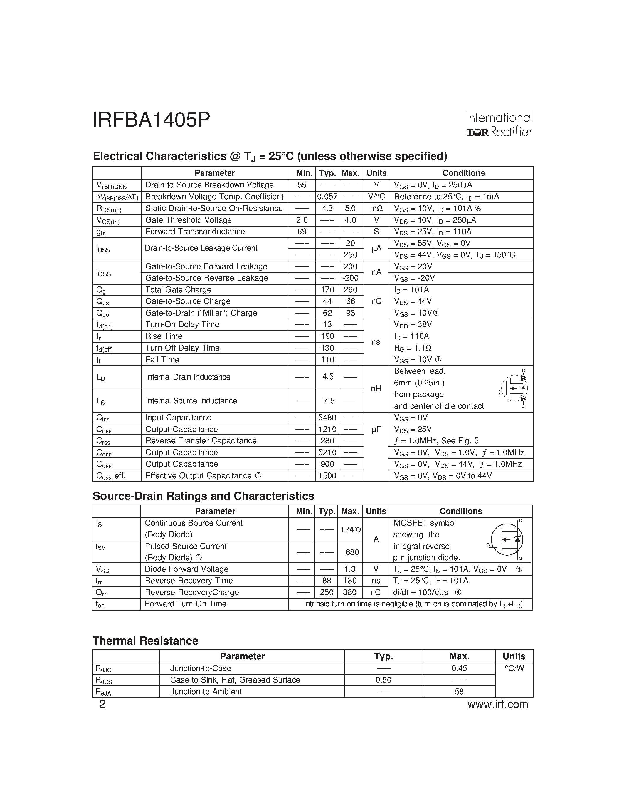 Datasheet IRFBA1405P page 2 Datasheet IRFBA1405P - Power MOSFET(Vdss=55V/ Rds(on)=5.0mohm/ Id=174A) page 2