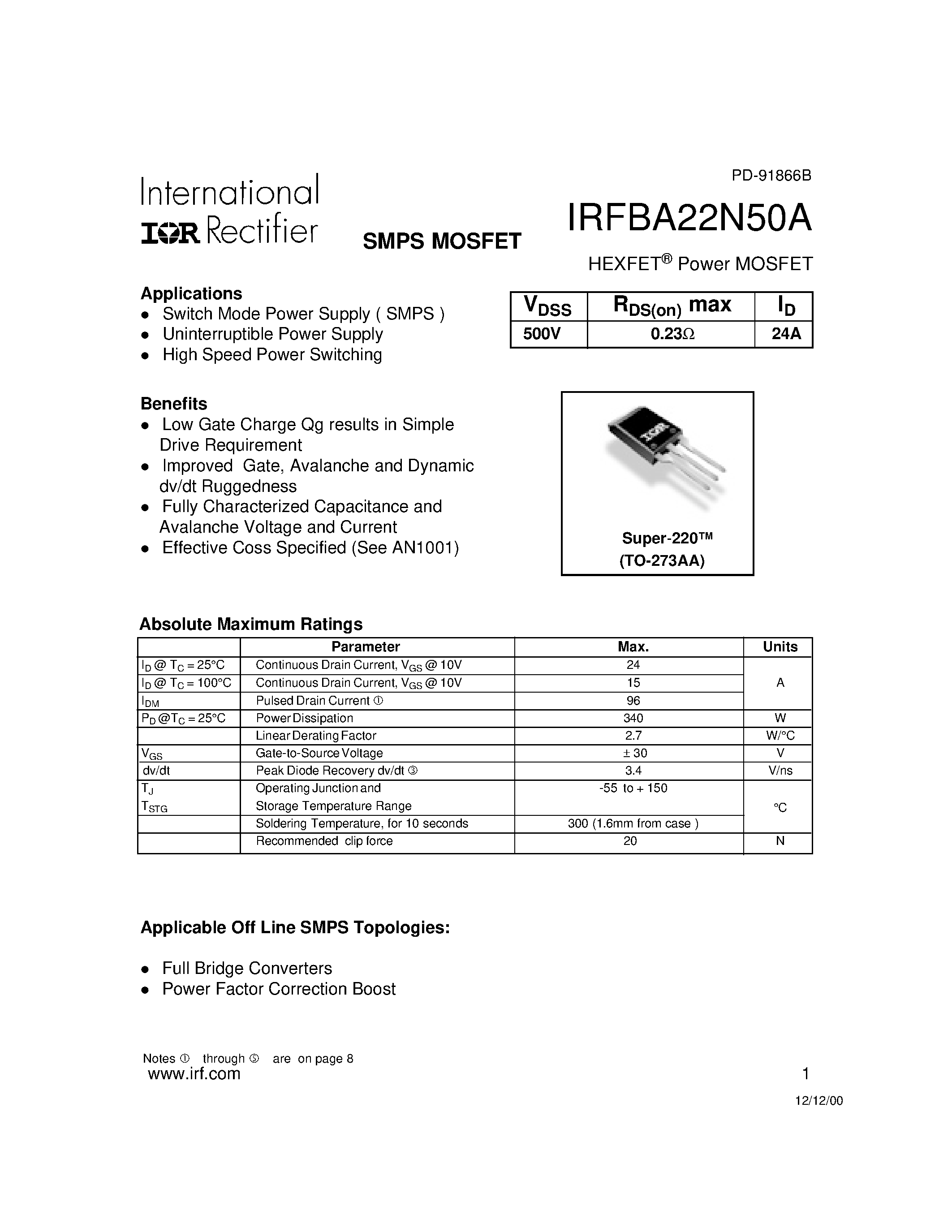 Datasheet IRFBA22N50A - Power MOSFET(Vdss=500V/ Rds(on)max=0.23ohm/ Id=24A) page 1