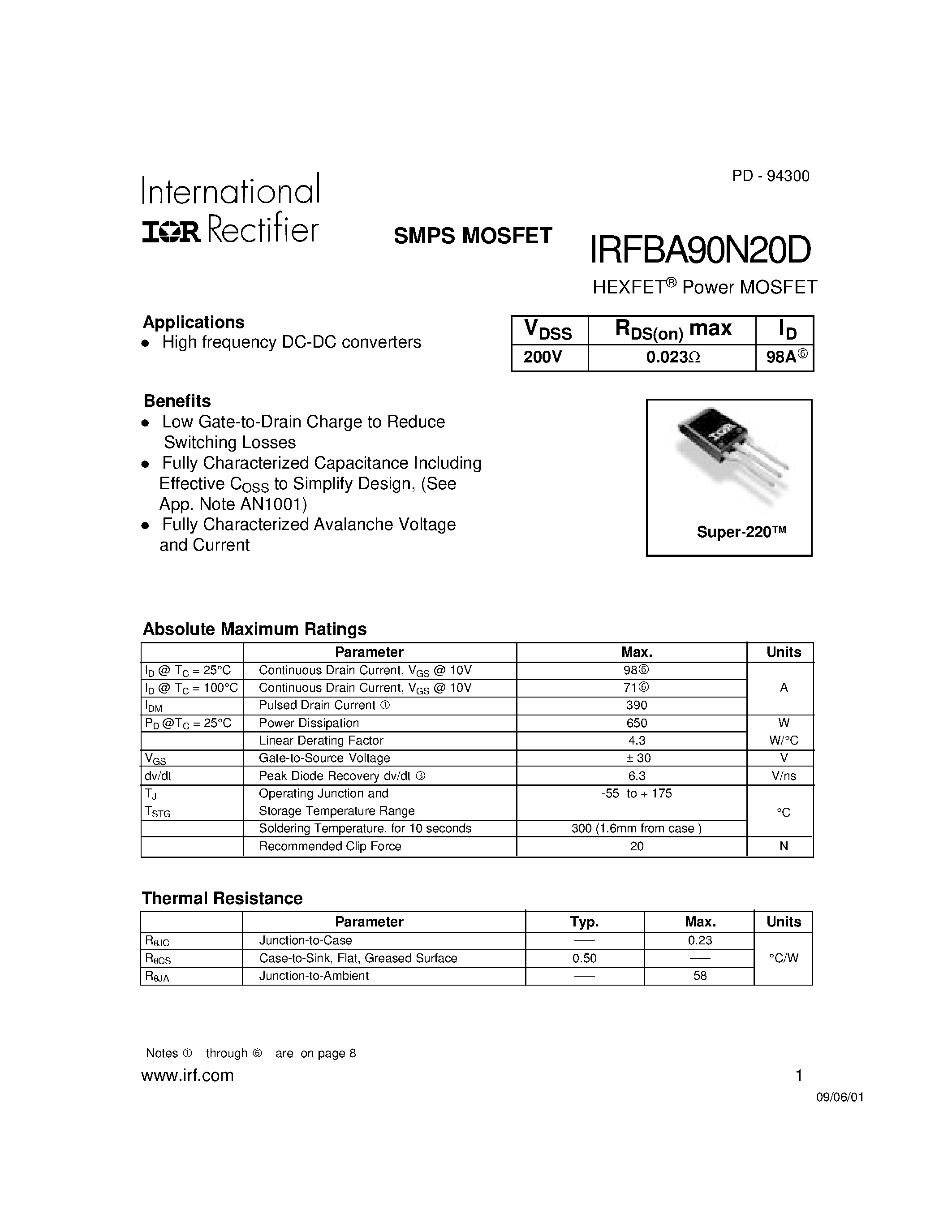 Datasheet IRFBA90N20D - Power MOSFET(Vdss=200V/ Rds(on)max=0.023ohm/ Id=98A) page 1