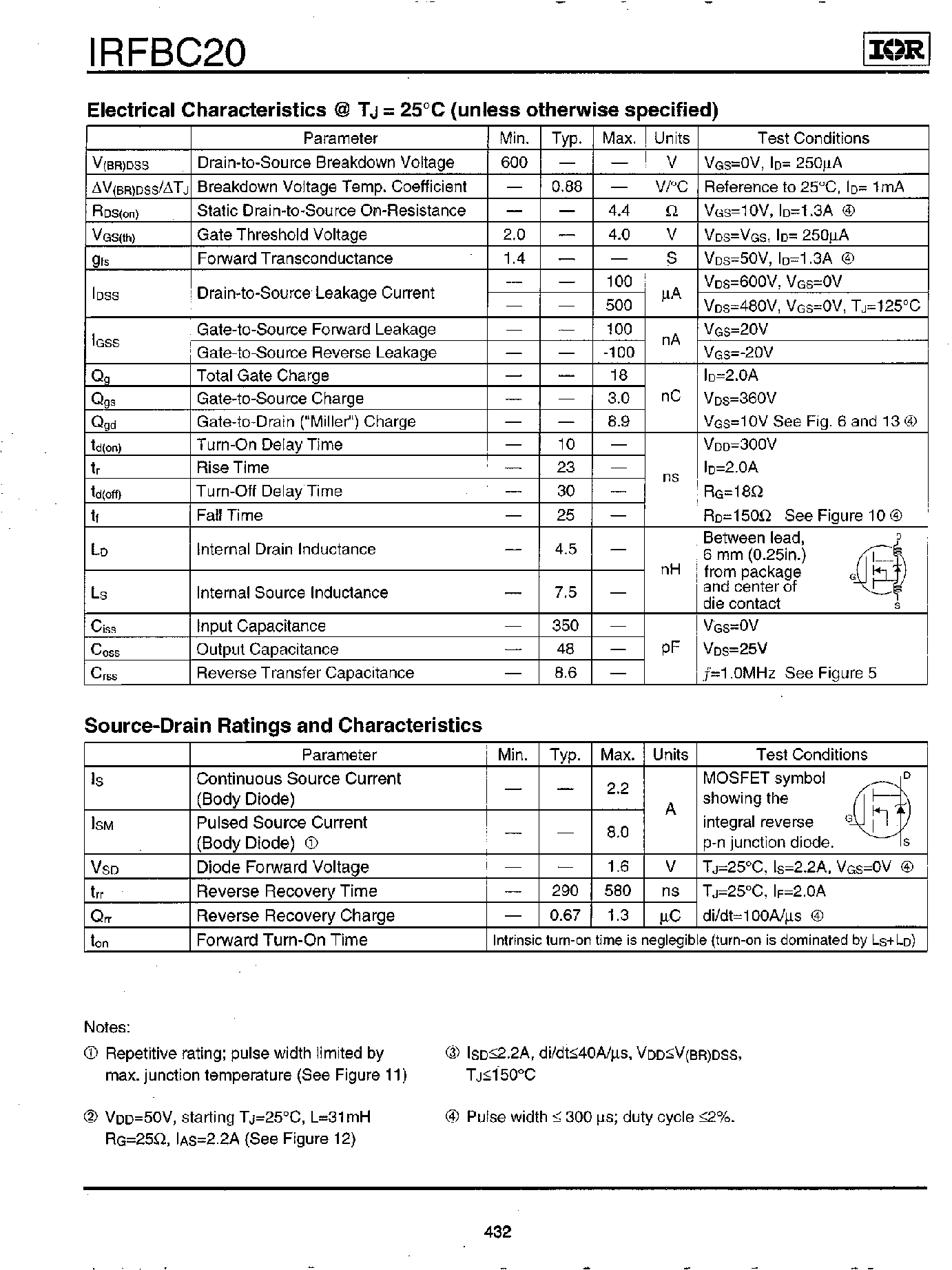 Даташит на микросхему IRFBC20 страница 2 Даташит IRFBC20 - Power MOSFET(Vdss=600V/ Rds(on)=4.4ohm/ Id=2.2A) страница 2