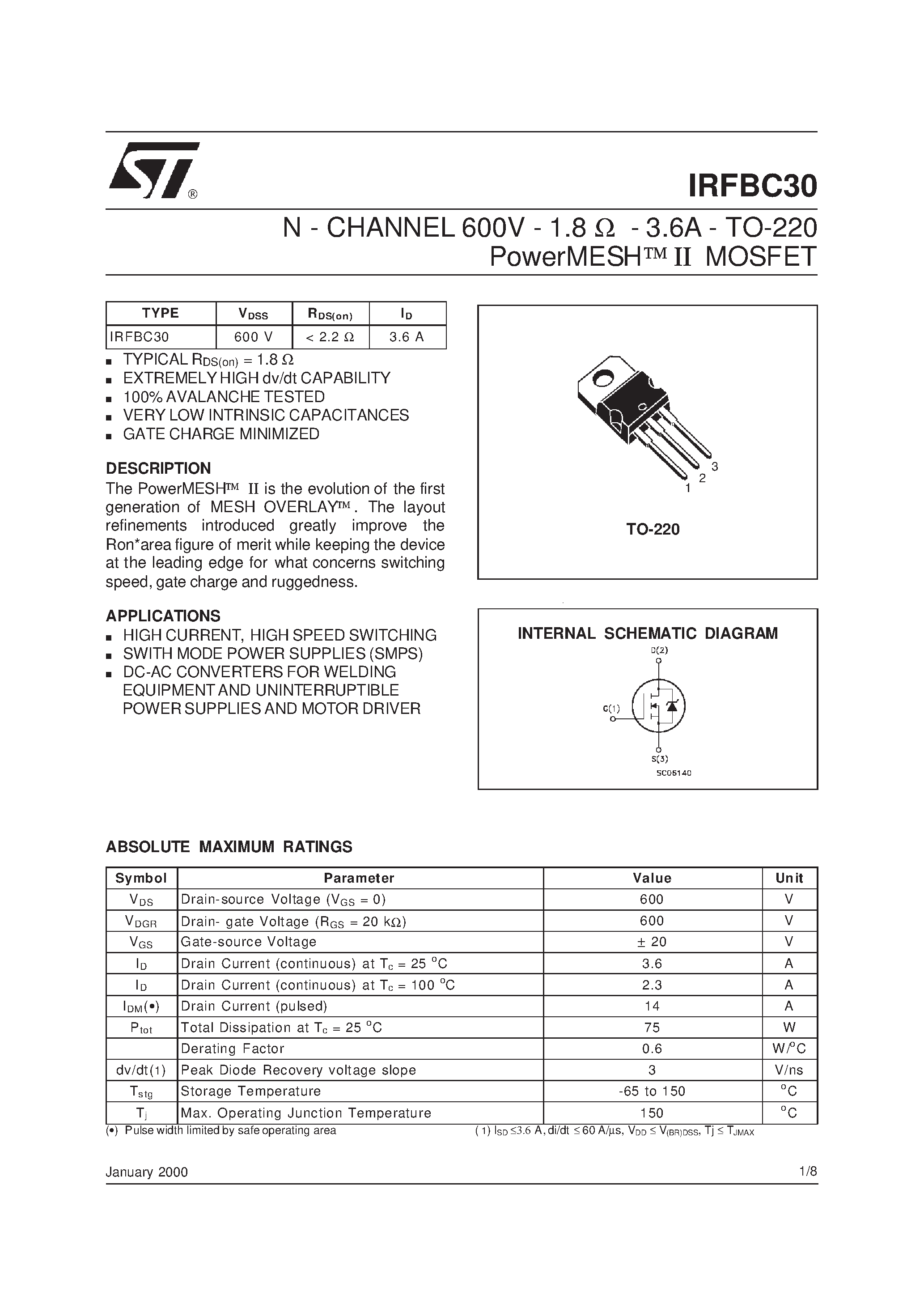 Datasheet IRFBC30 - N - CHANNEL 600V - 1.8 ohm - 3.6A - TO-220 PowerMESH]II MOSFET page 1