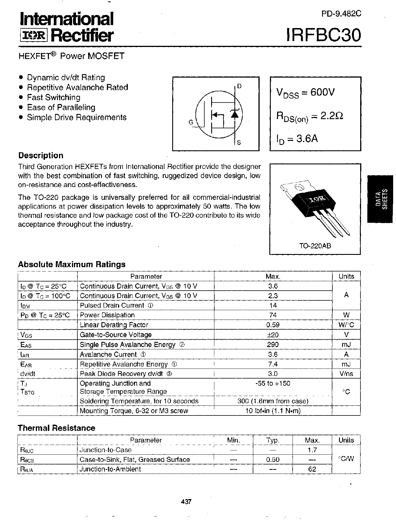 Datasheet IRFBC30 - Power MOSFET(Vdss=600V/ Rds(on)=2.2ohm/ Id=3.6A) page 1