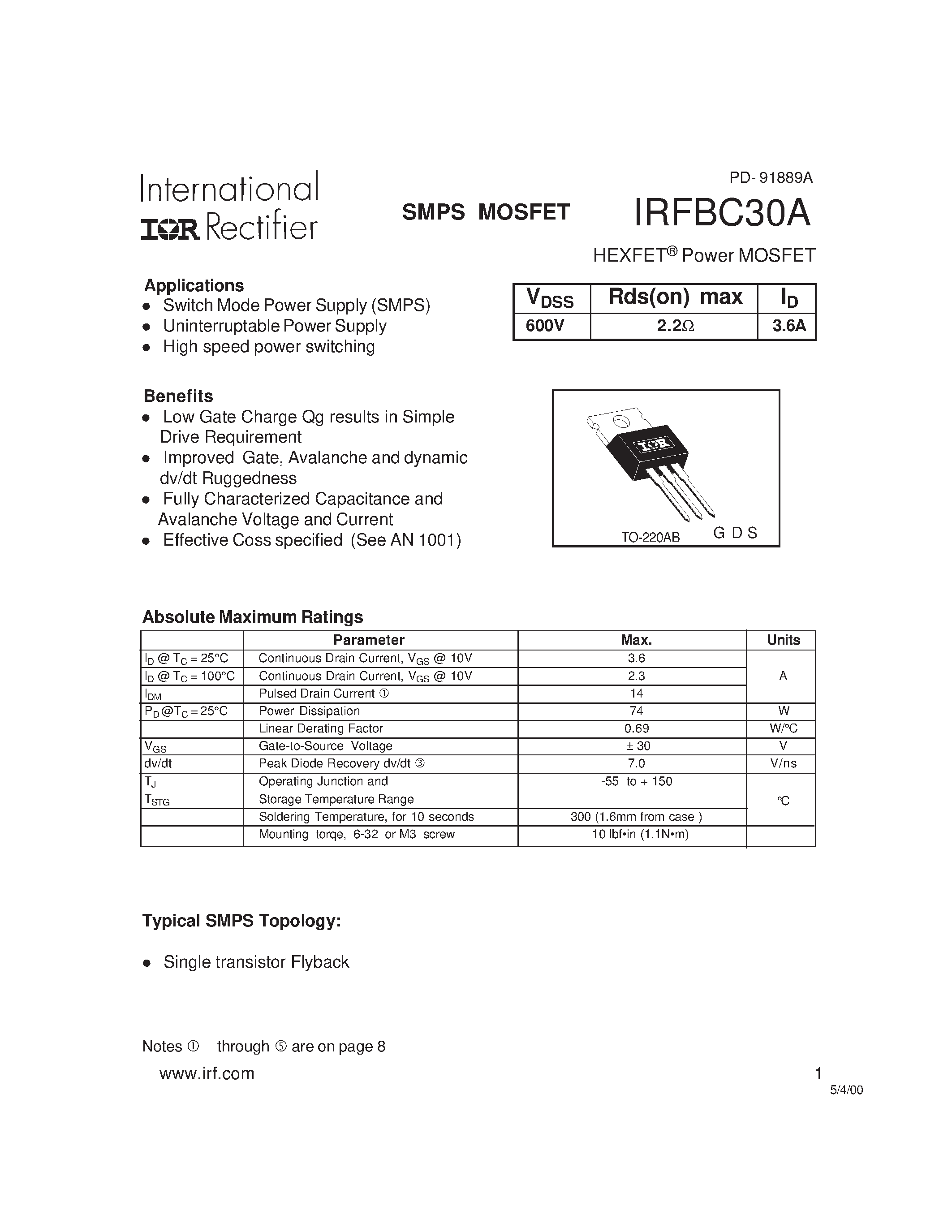 Datasheet IRFBC30A - Power MOSFET(Vdss=600V/ Rds(on)max=2.2ohm/ Id=3.6A) page 1