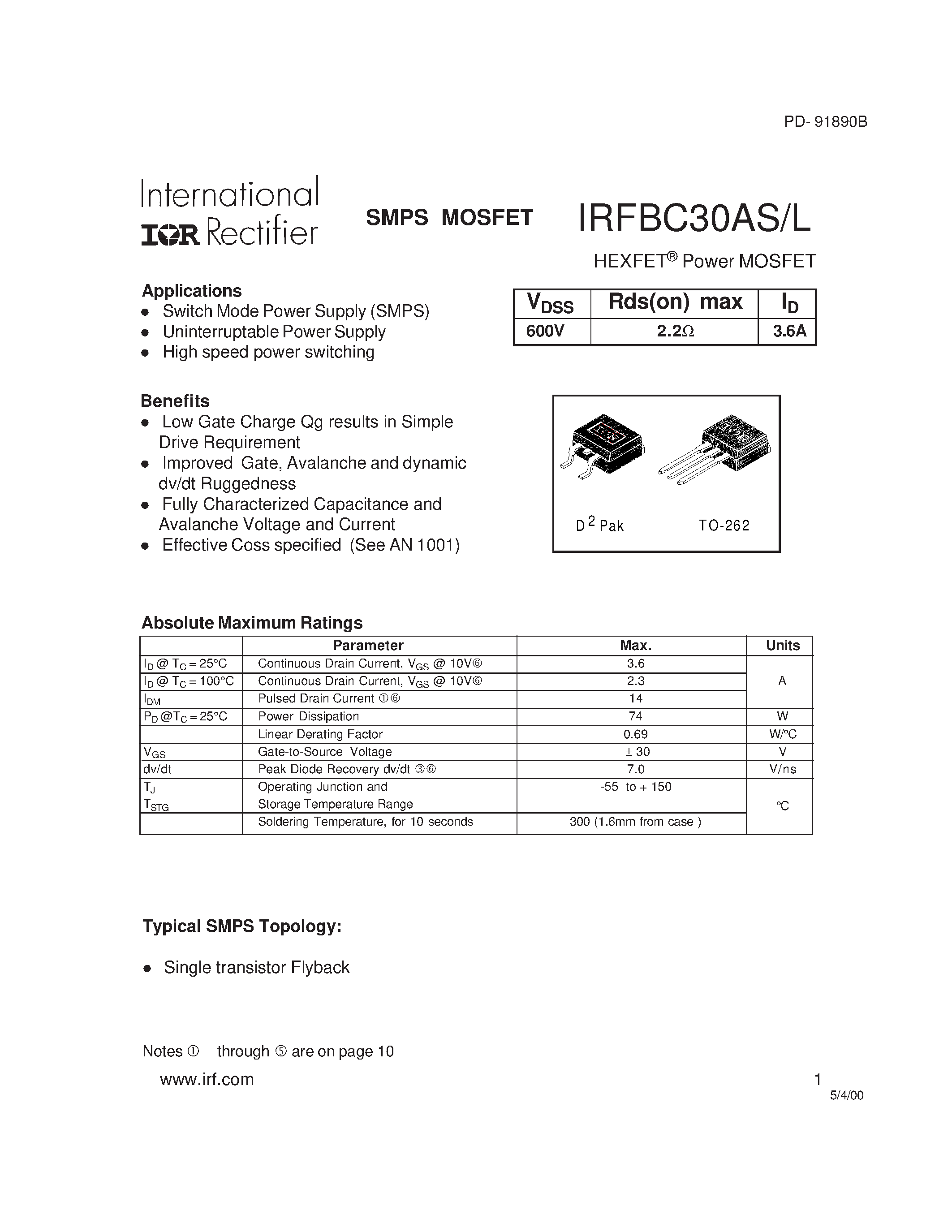 Даташит IRFBC30L - Power MOSFET(Vdss=600V/ Rds(on)=2.2ohm/ Id=3.6A) страница 1