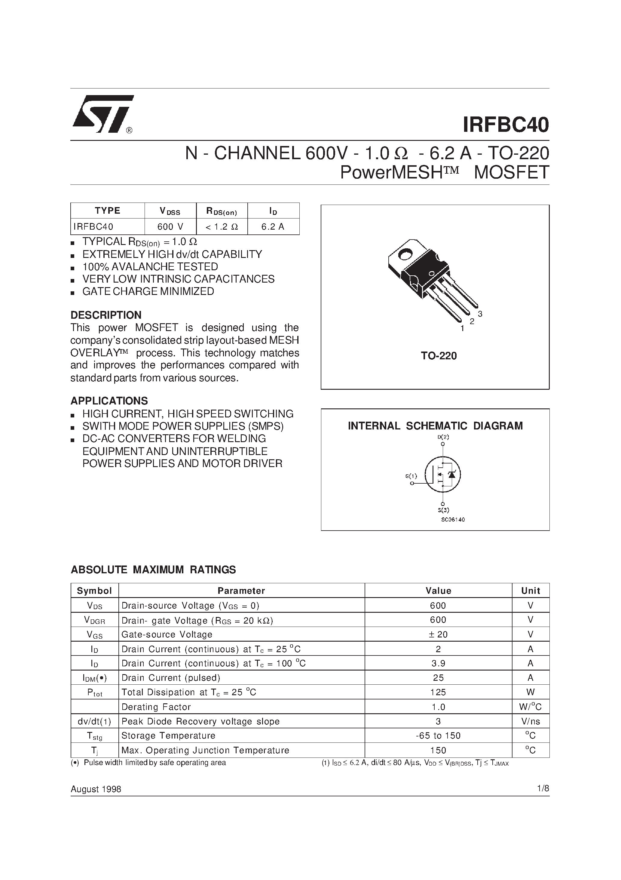 Даташит IRFBC40 - N - CHANNEL 600V - 1.0ohm - 6.2 A - TO-220 PowerMESH] MOSFET страница 1