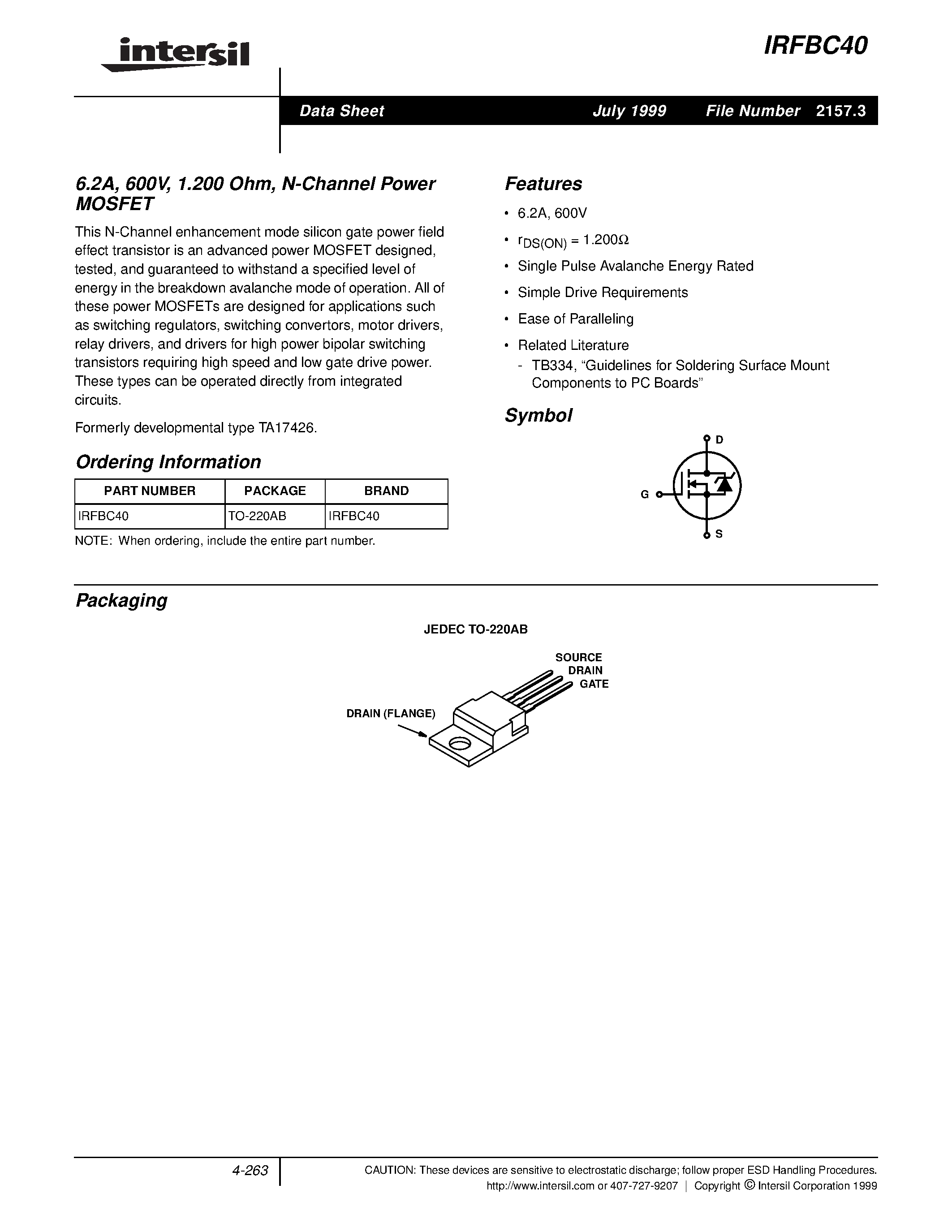 Datasheet IRFBC40 - 6.2A/ 600V/ 1.200 Ohm/ N-Channel Power MOSFET page 1