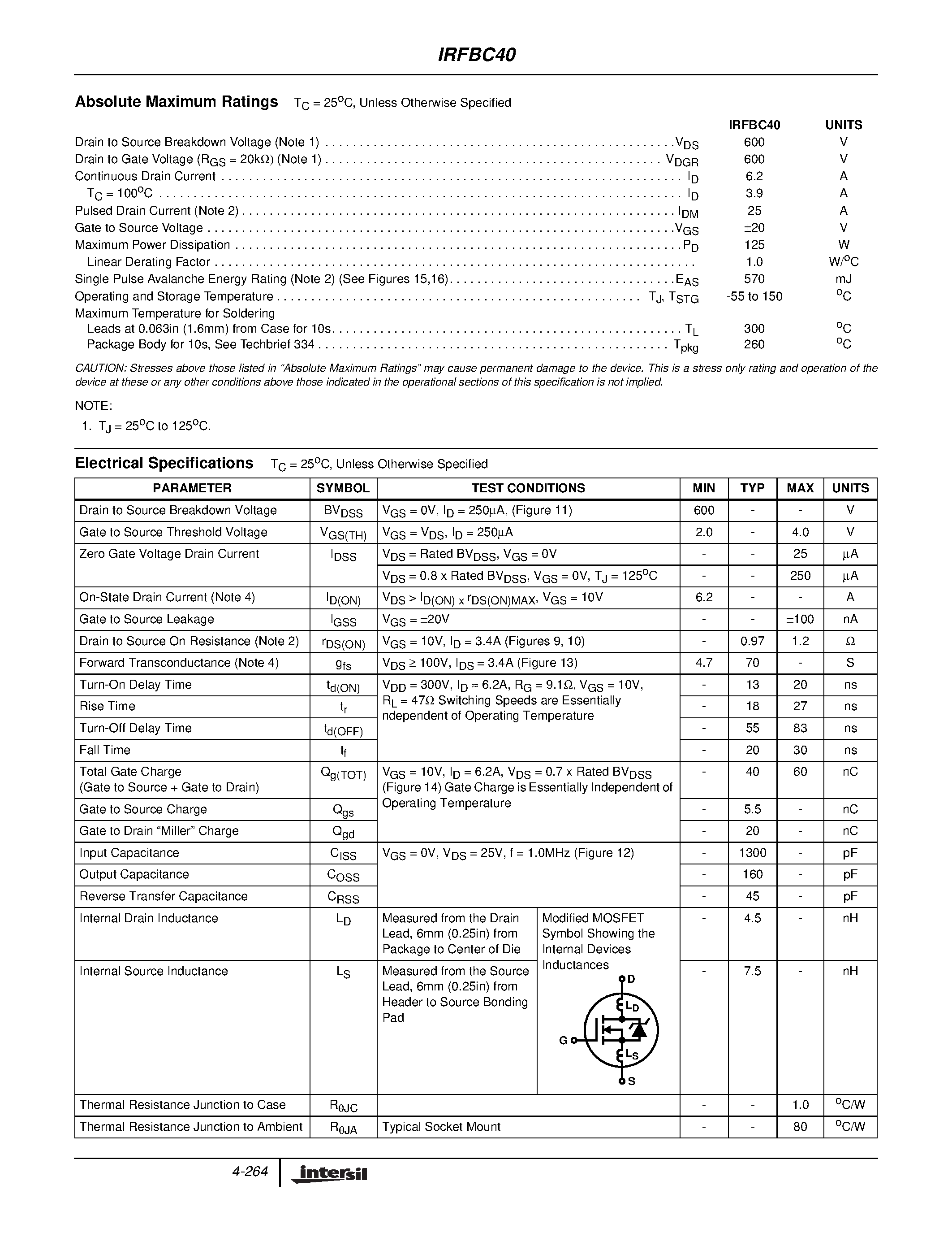 Datasheet IRFBC40 - 6.2A/ 600V/ 1.200 Ohm/ N-Channel Power MOSFET page 2