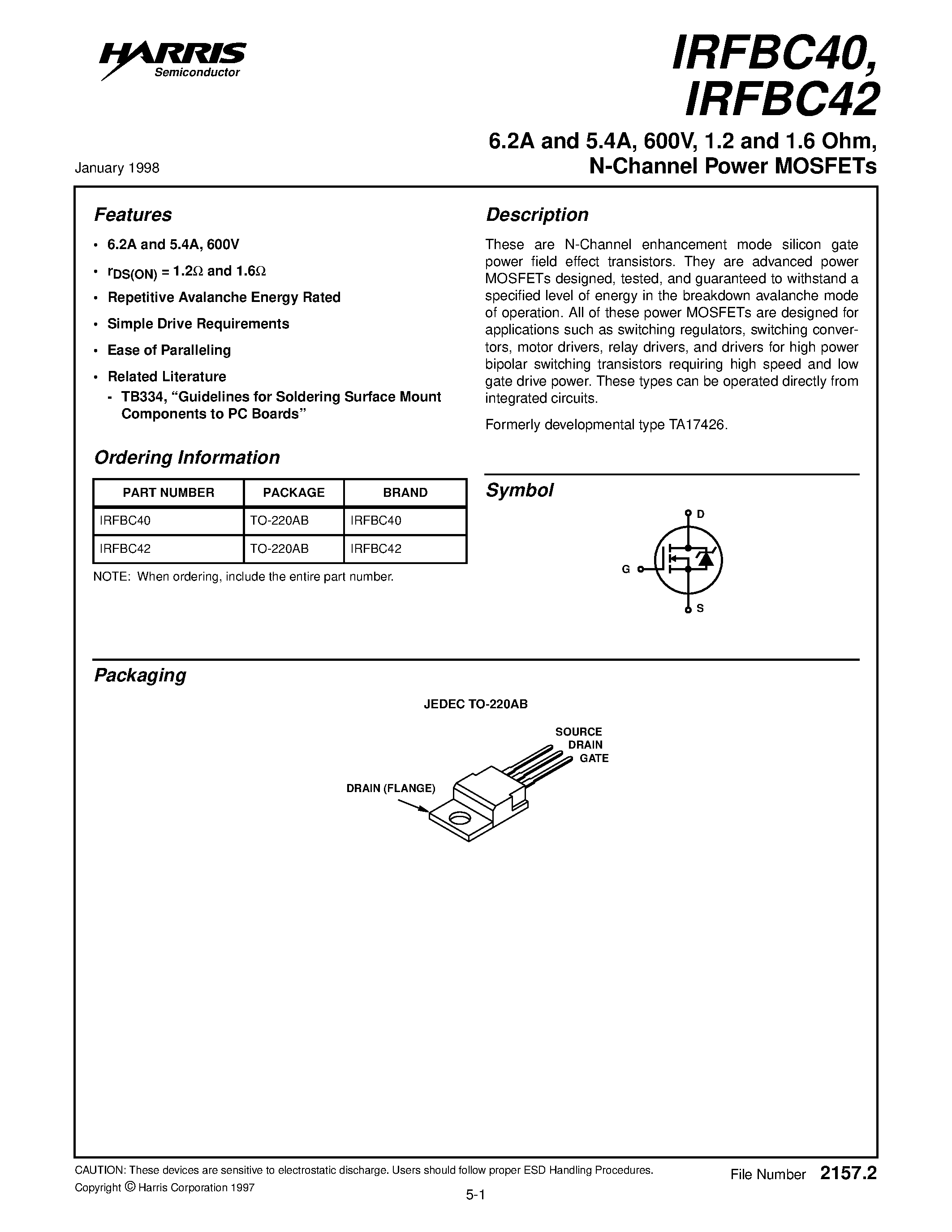 Datasheet IRFBC40 page 1 Datasheet IRFBC40 - 6.2A and 5.4A/ 600V/ 1.2 and 1.6 Ohm/ N-Channel Power MOSFETs page 1