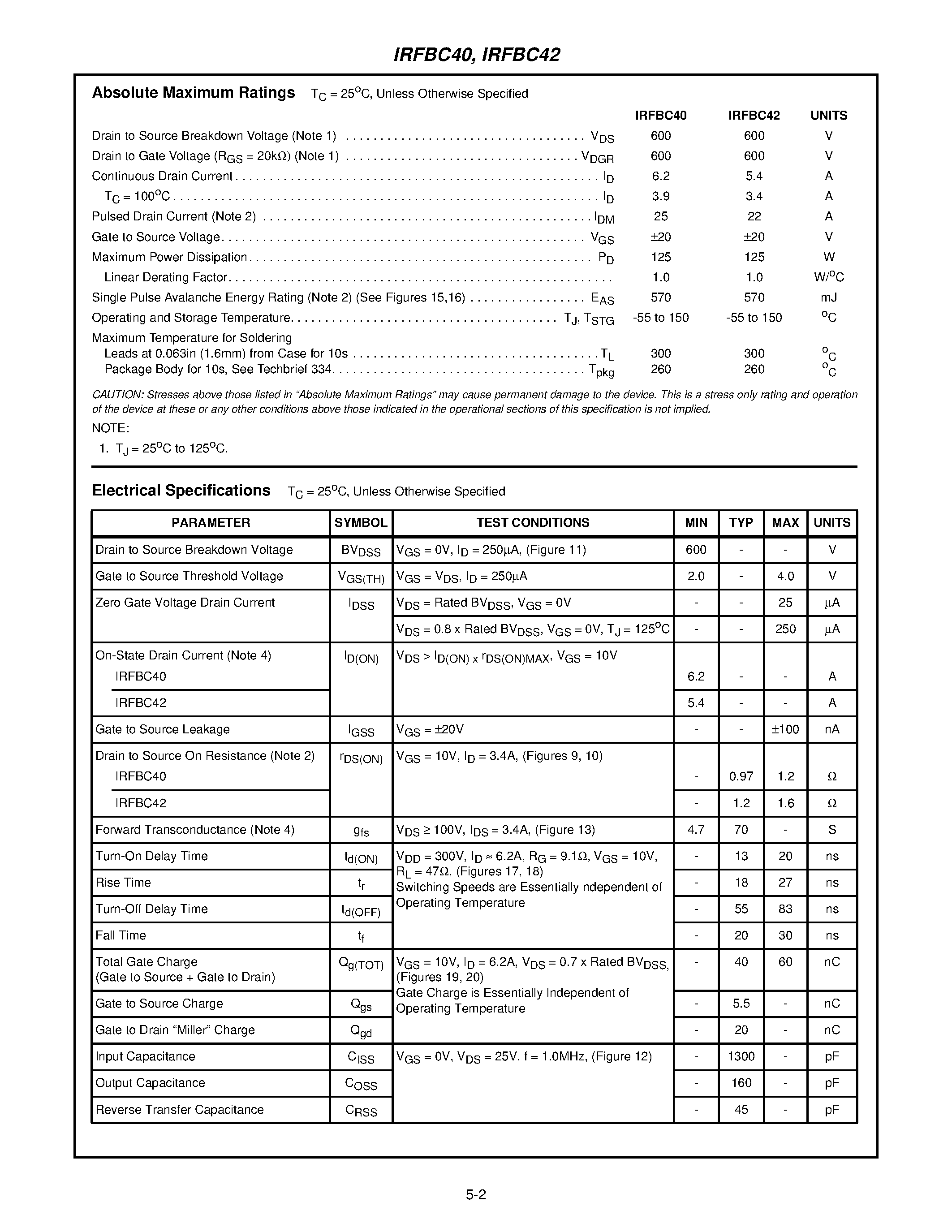Datasheet IRFBC40 page 2 Datasheet IRFBC40 - 6.2A and 5.4A/ 600V/ 1.2 and 1.6 Ohm/ N-Channel Power MOSFETs page 2