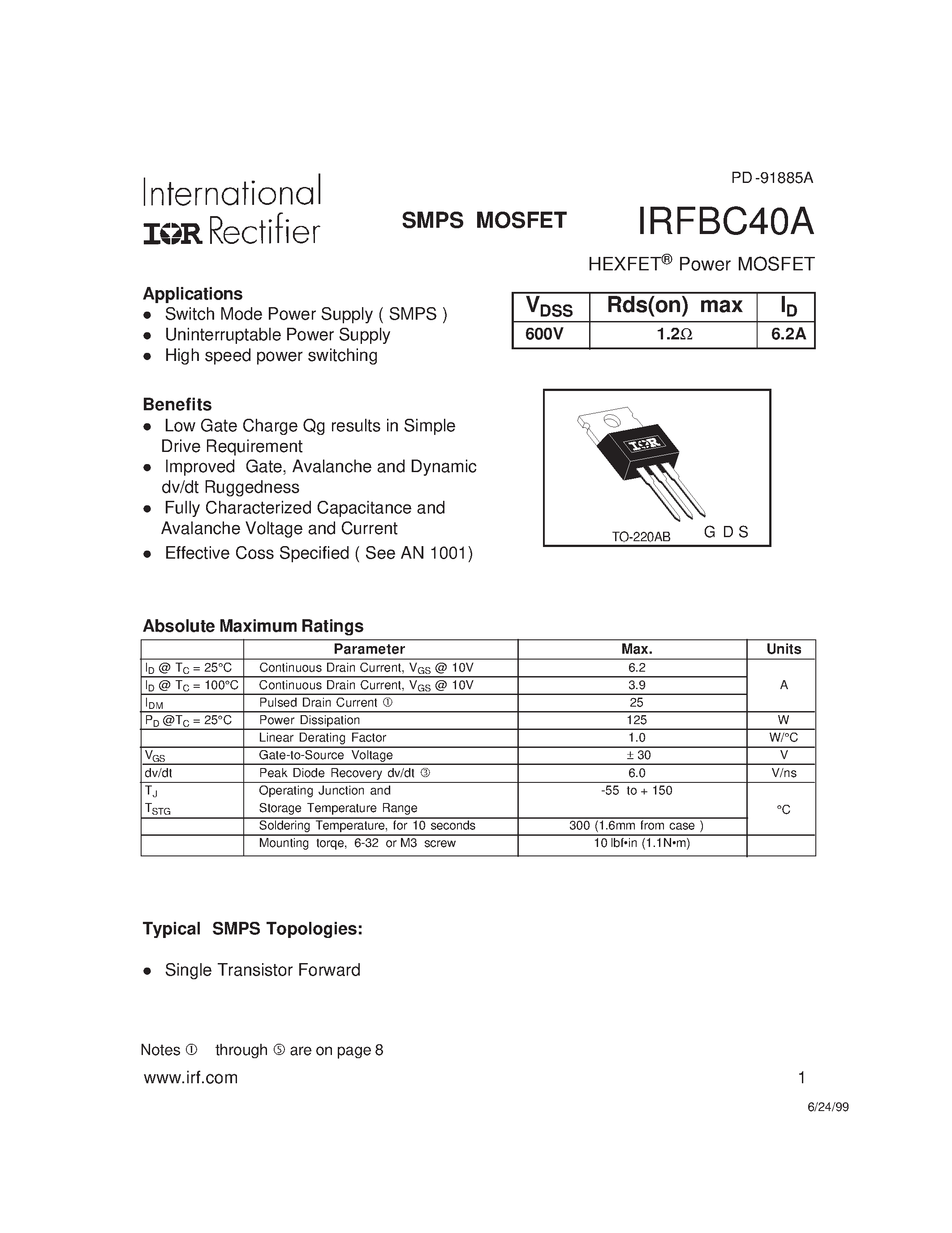 Datasheet IRFBC40A - Power MOSFET(Vdss=600V/ Rds(on)max=1.2ohm/ Id=6.2A) page 1