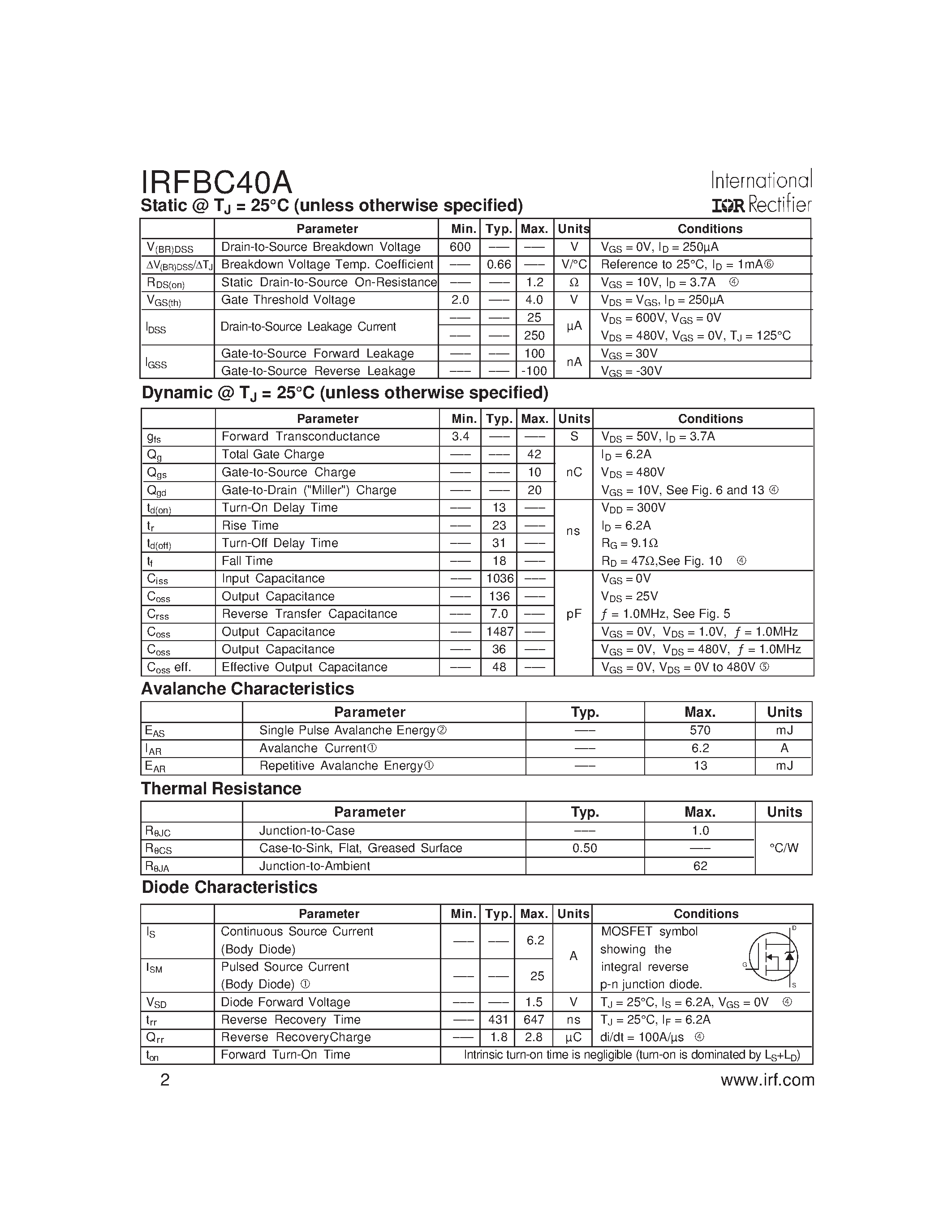 Datasheet IRFBC40A - Power MOSFET(Vdss=600V/ Rds(on)max=1.2ohm/ Id=6.2A) page 2