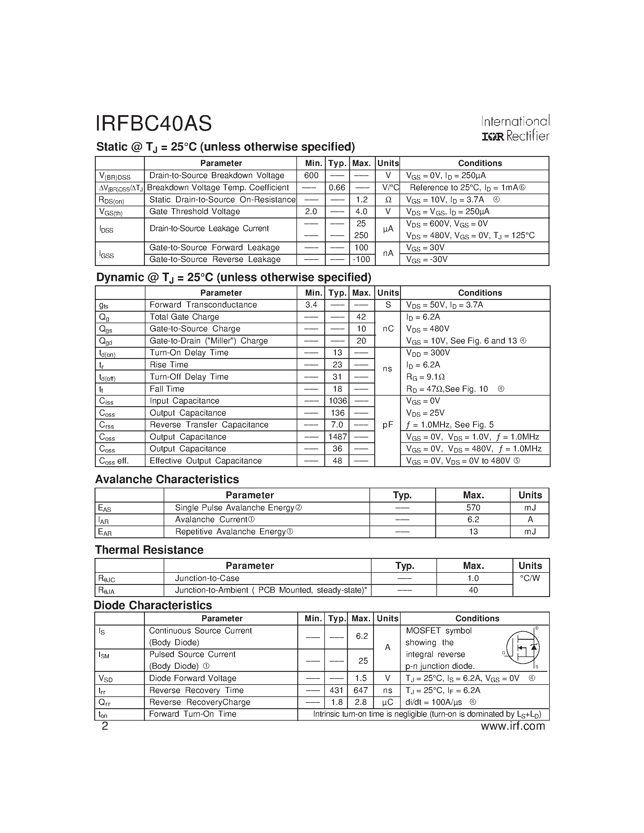 Datasheet IRFBC40AS page 2 Datasheet IRFBC40AS - Power MOSFET(Vdss=600V/ Rds(on)max=1.2ohm/ Id=6.2A) page 2