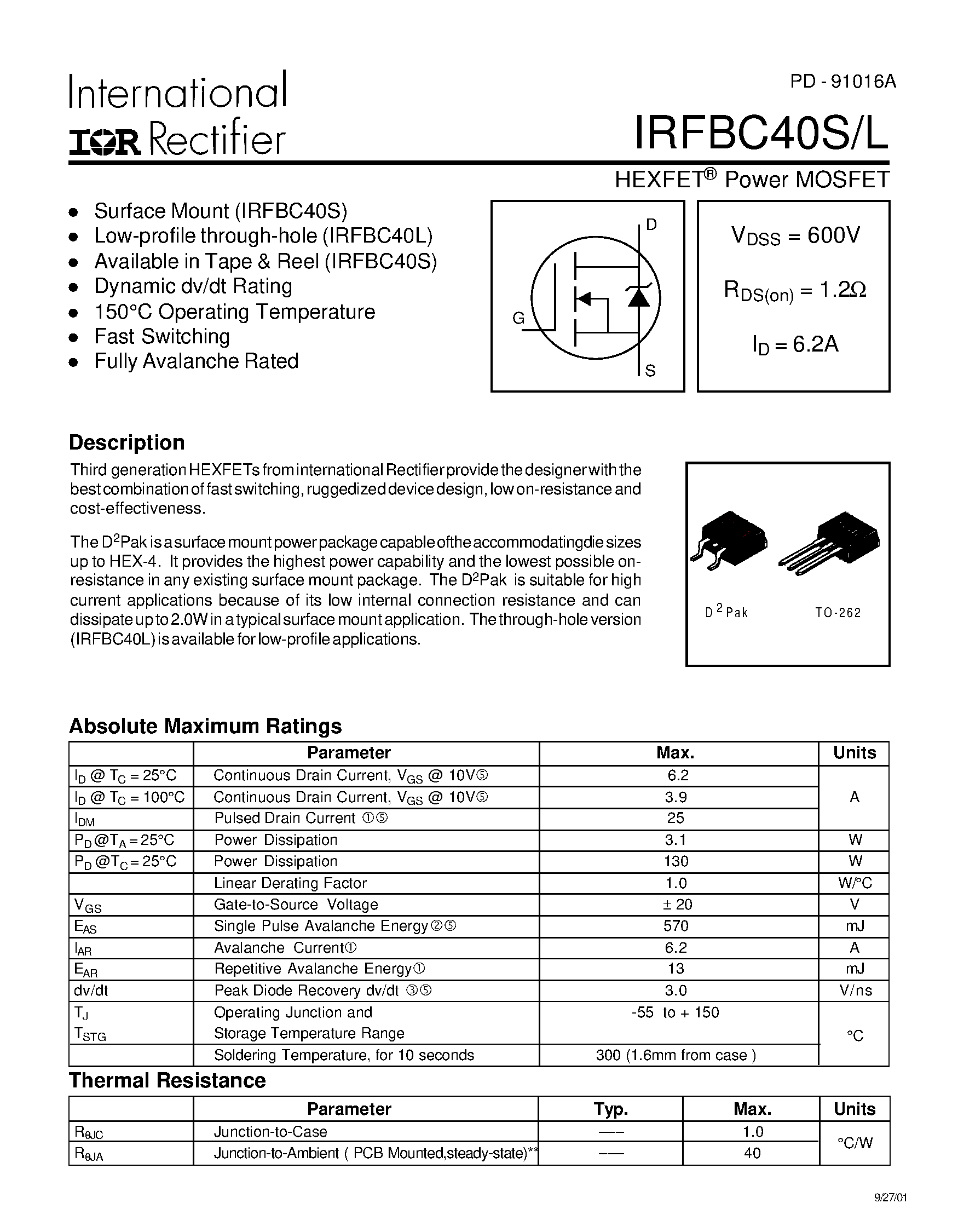 Datasheet IRFBC40L - Power MOSFET(Vdss=600V/ Rds(on)=1.2ohm/ Id=6.2A) page 1
