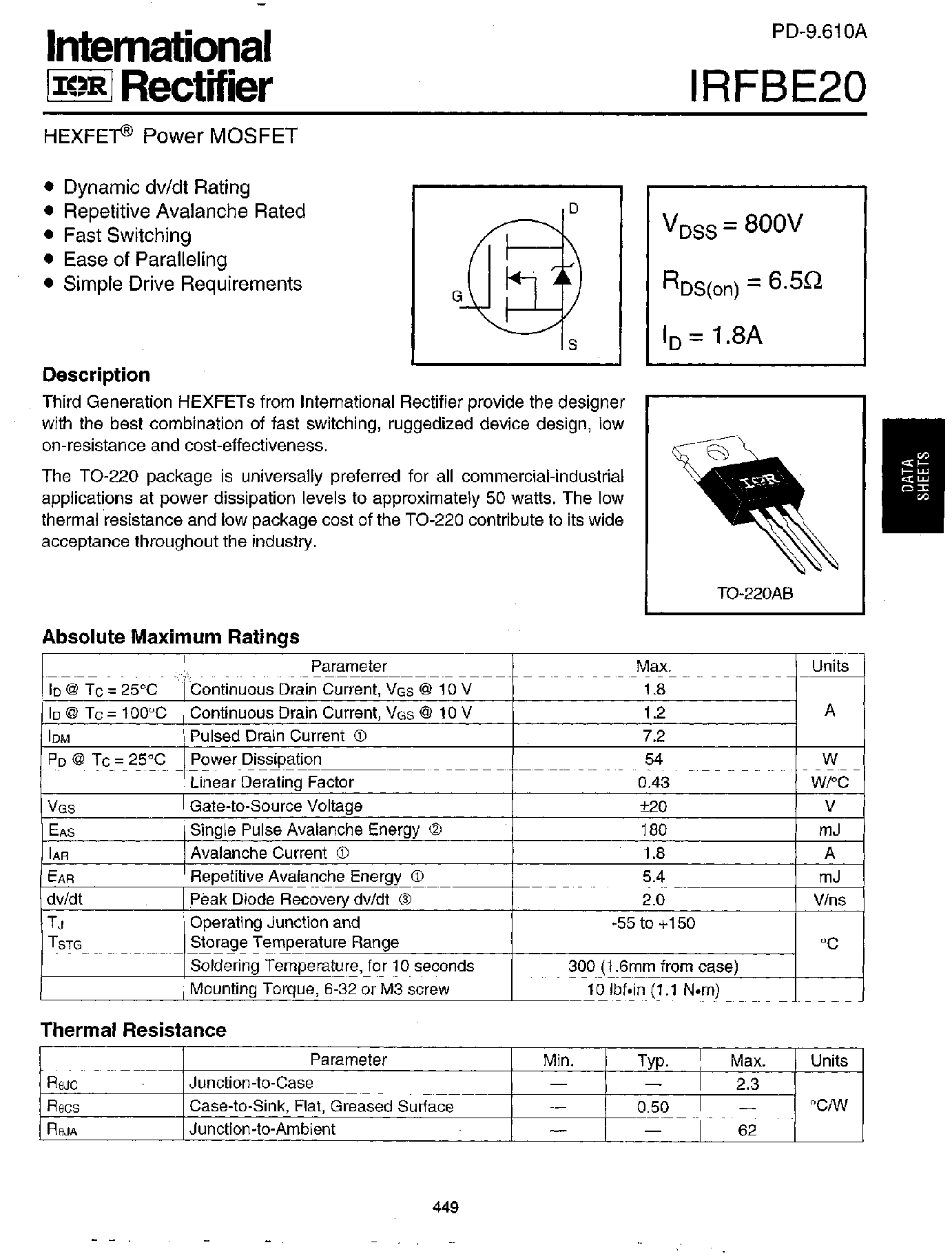 Даташит на микросхему IRFBE20 страница 1 Даташит IRFBE20 - Power MOSFET(Vdss=800V/ Rds(on)=6.5ohm/ Id=1.8A) страница 1
