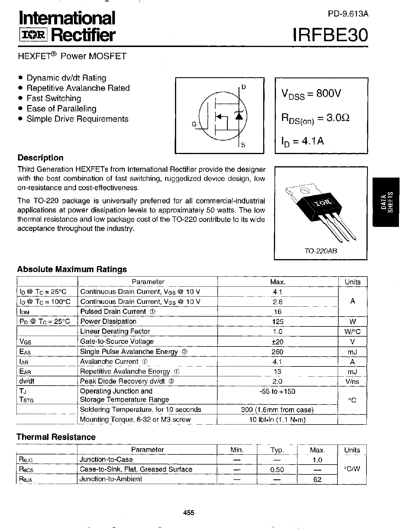 Даташит на микросхему IRFBE30 страница 1 Даташит IRFBE30 - Power MOSFET(Vdss=800V/ Rds(on)=3.0ohm/ Id=4.1A) страница 1