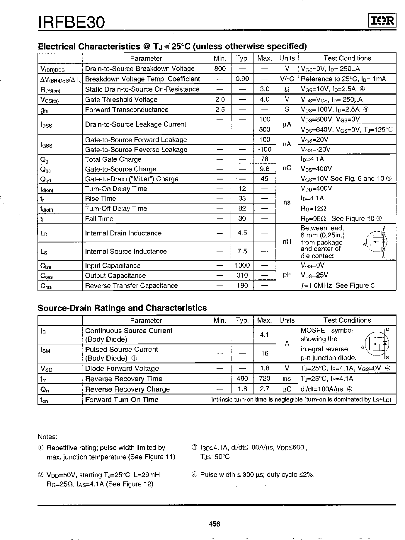 Даташит на микросхему IRFBE30 страница 2 Даташит IRFBE30 - Power MOSFET(Vdss=800V/ Rds(on)=3.0ohm/ Id=4.1A) страница 2