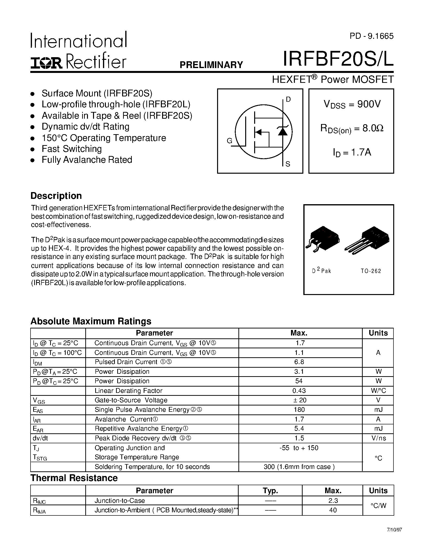 Datasheet IRFBF20L - Power MOSFET(Vdss=900V/ Rds(on)=8.0ohm/ Id=1.7A) page 1