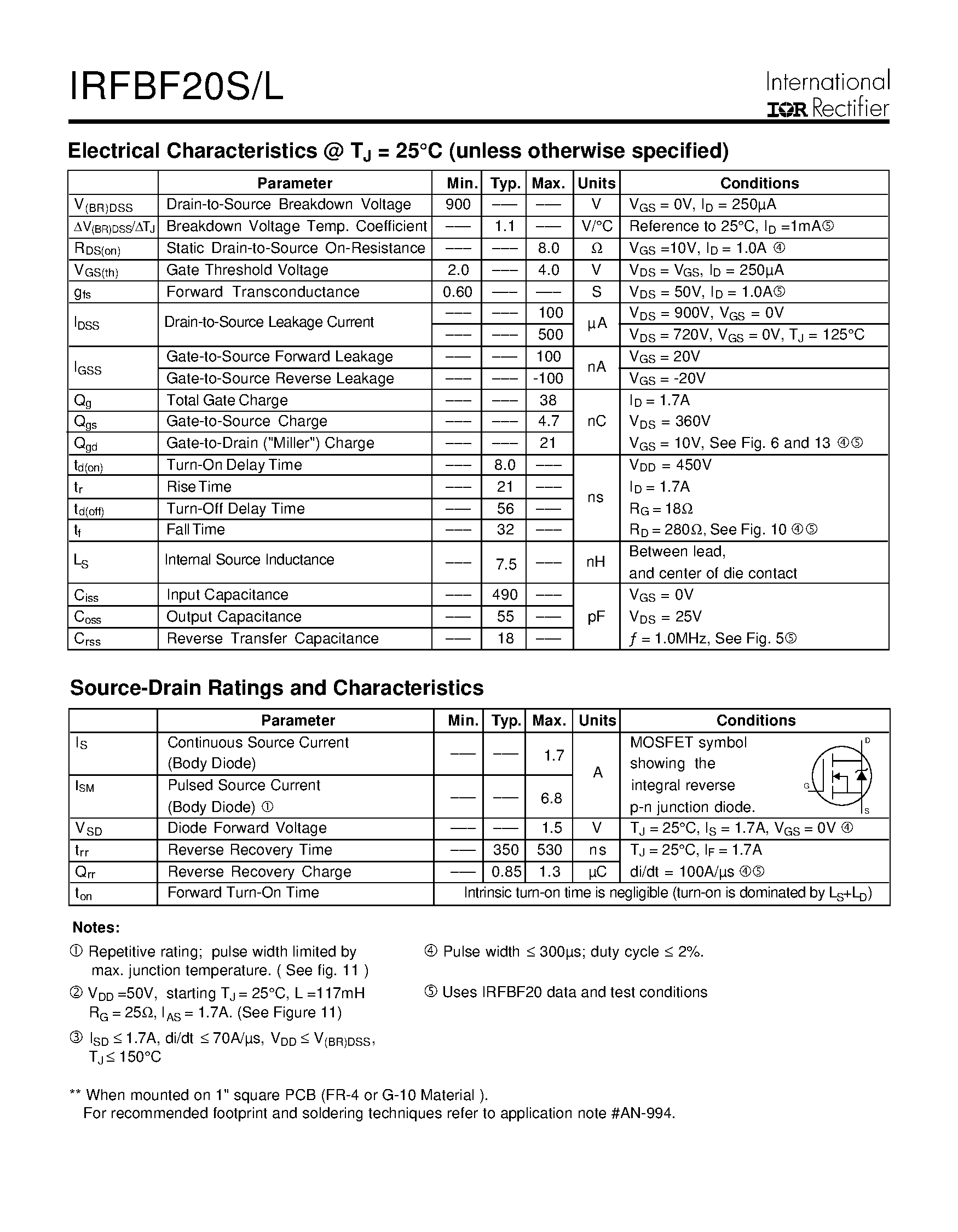Datasheet IRFBF20L - Power MOSFET(Vdss=900V/ Rds(on)=8.0ohm/ Id=1.7A) page 2