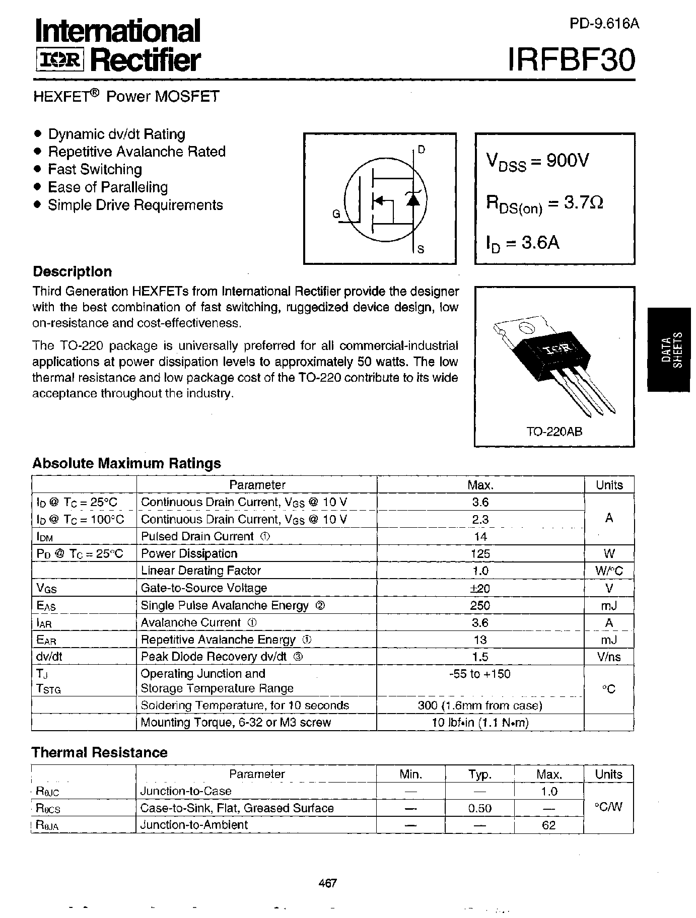 Datasheet IRFBF30 - Power MOSFET(Vdss=900V/ Rds(on)=3.7ohm/ Id=3.6A) page 1