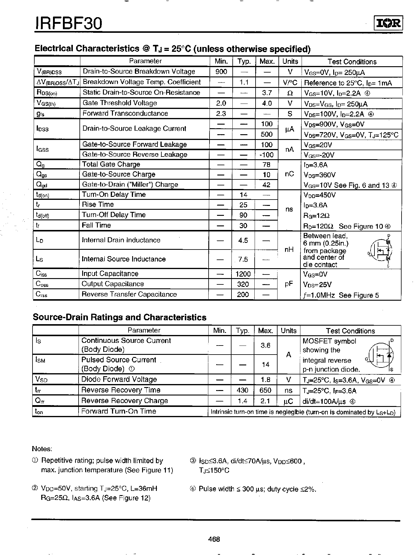 Datasheet IRFBF30 - Power MOSFET(Vdss=900V/ Rds(on)=3.7ohm/ Id=3.6A) page 2