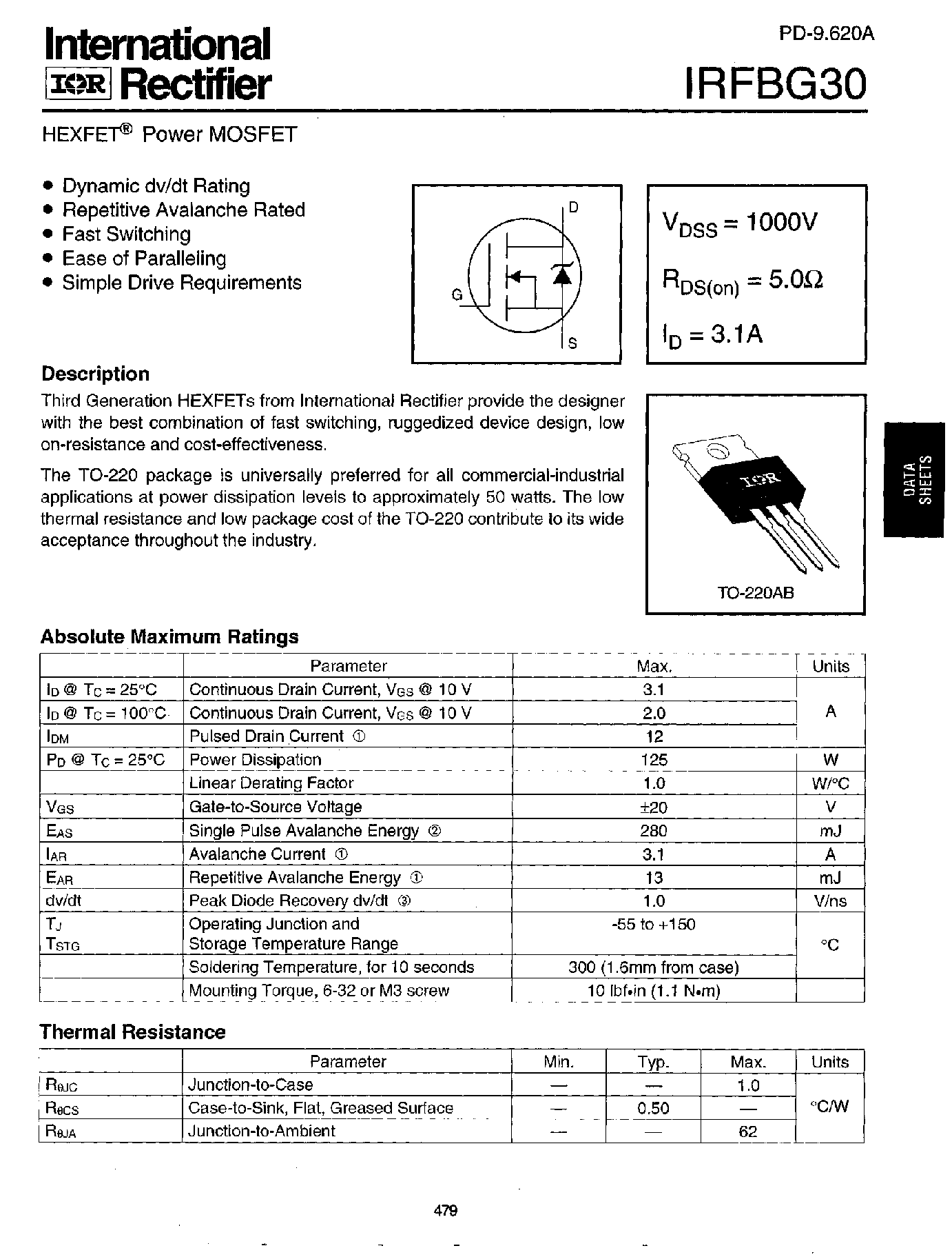 Datasheet IRFBG30 page 1 Datasheet IRFBG30 - Power MOSFET(Vdss=1000V/ Rds(on)=5.0ohm/ Id=3.1A) page 1