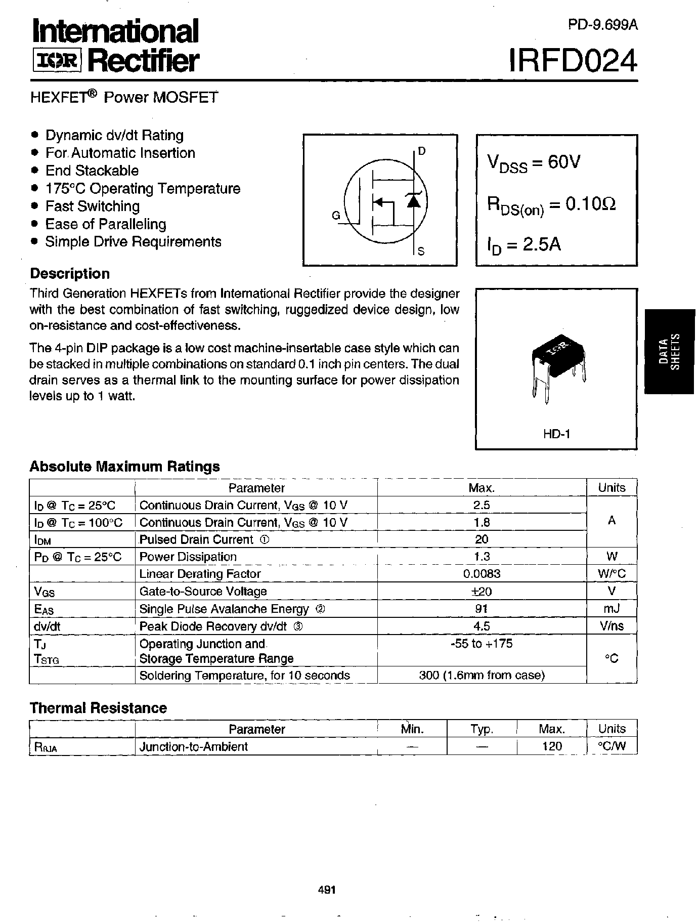 Datasheet IRFD024 - Power MOSFET(Vdss=60V/ Rds(on)=0.10ohm/ Id=2.5A) page 1