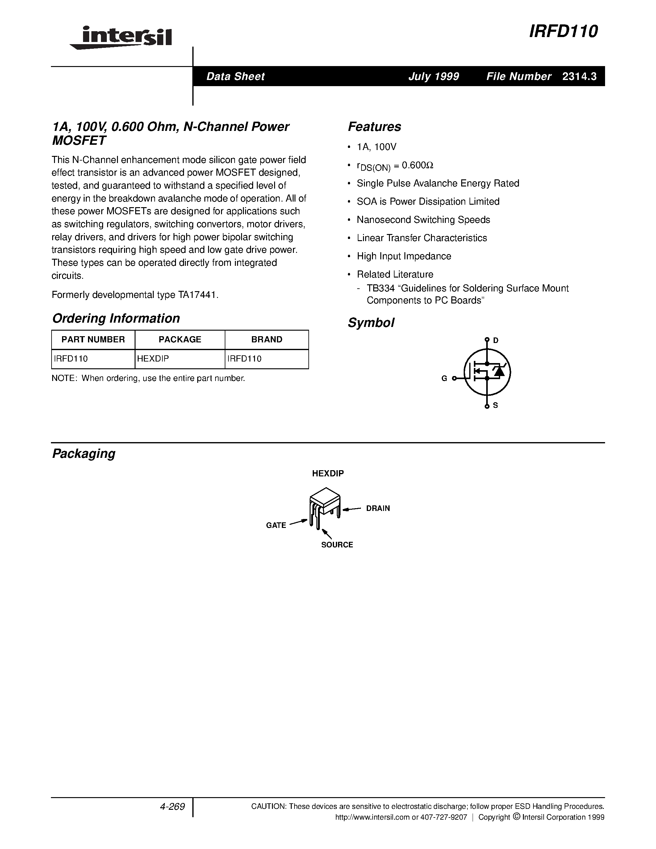 Datasheet IRFD110 - 1A/ 100V/ 0.600 Ohm/ N-Channel Power MOSFET page 1