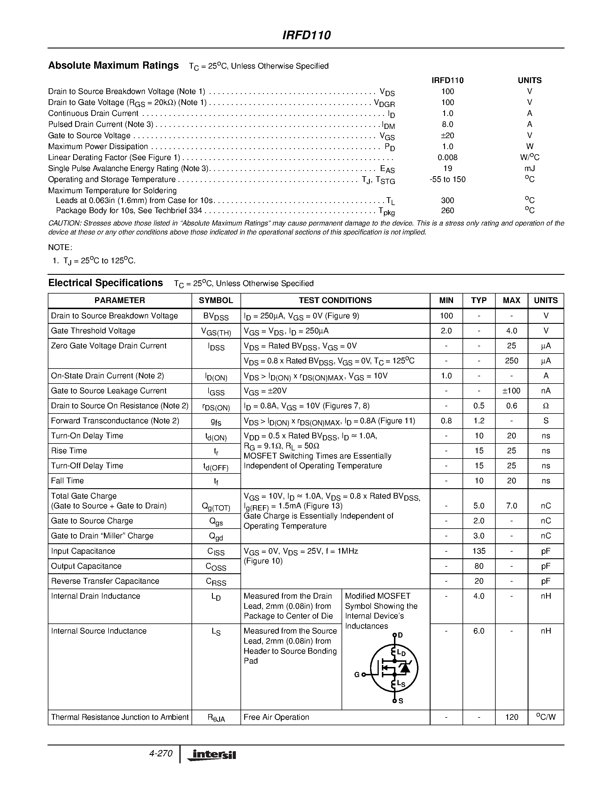 Datasheet IRFD110 - 1A/ 100V/ 0.600 Ohm/ N-Channel Power MOSFET page 2