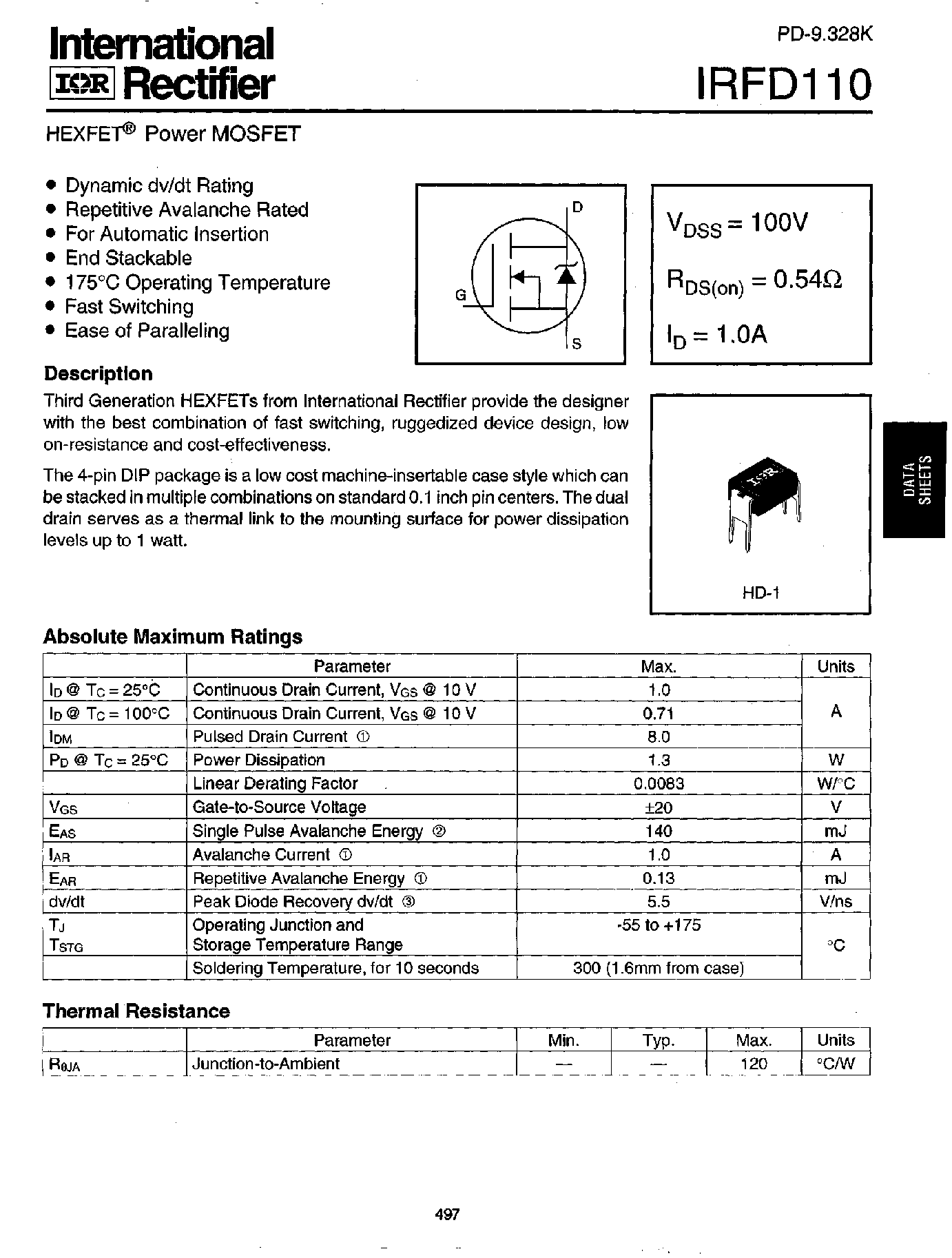Datasheet IRFD110 - Power MOSFET(Vdss=100V/ Rds(on)=0.54ohm/ Id=1.0A) page 1
