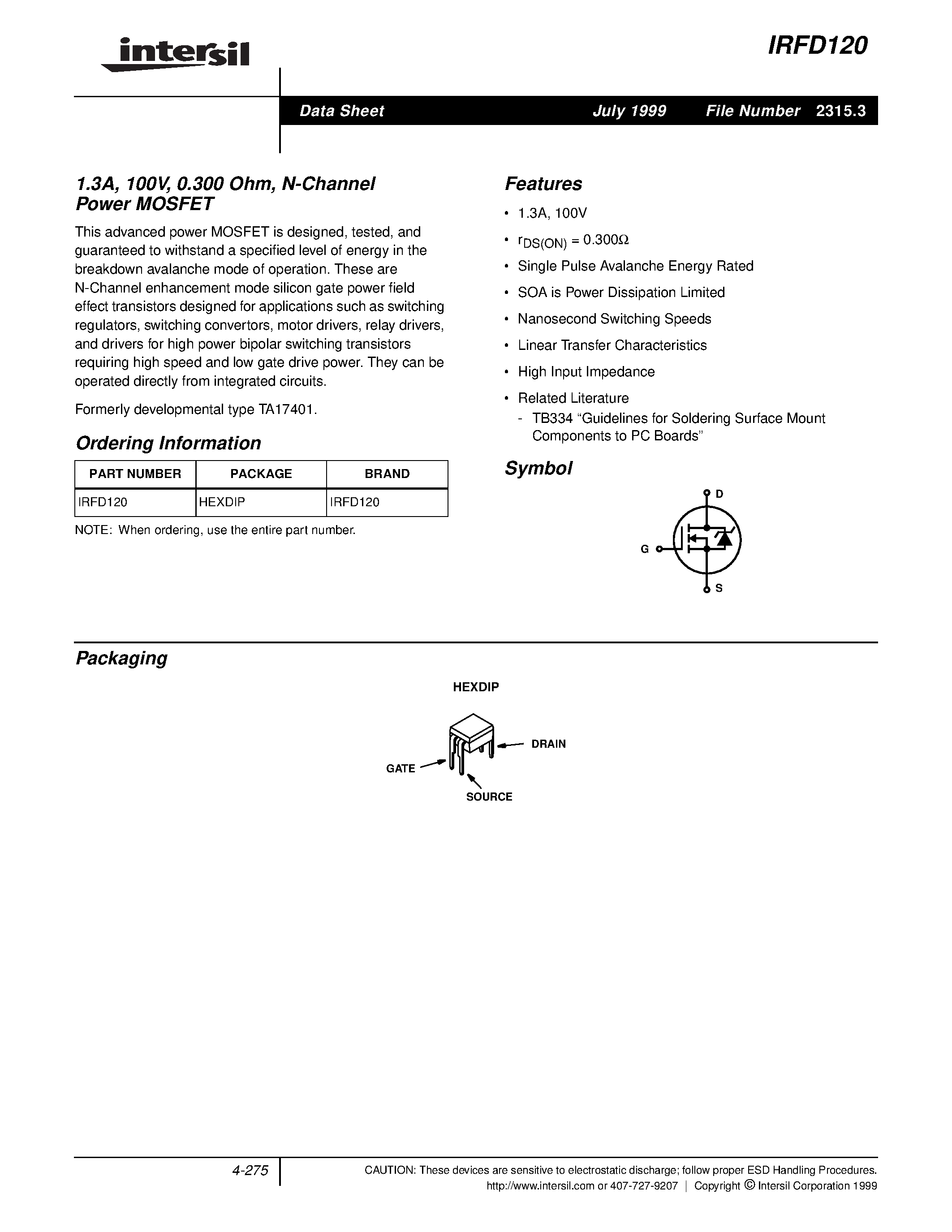 Datasheet IRFD120 - 1.3A/ 100V/ 0.300 Ohm/ N-Channel Power MOSFET page 1
